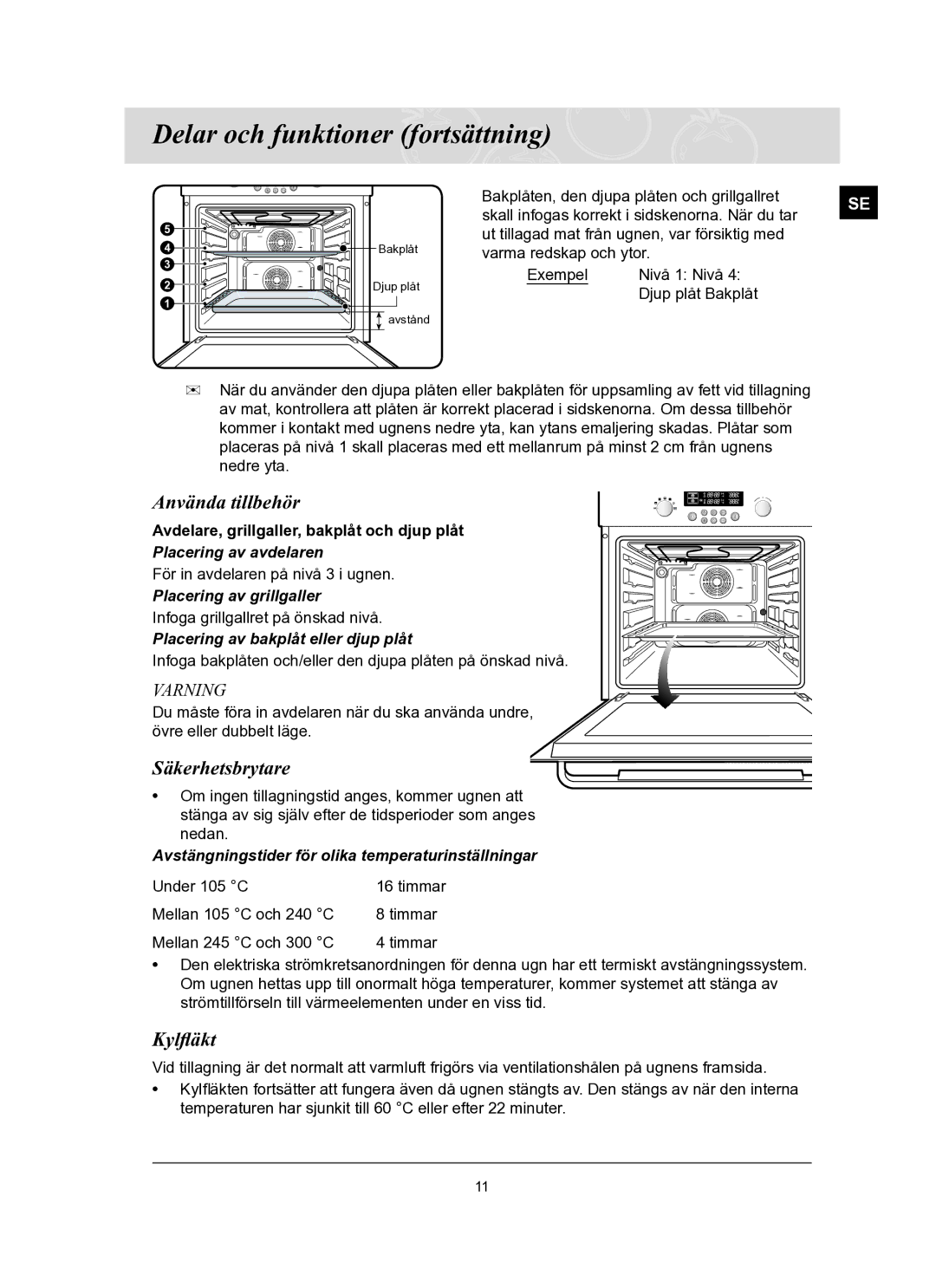 Samsung BT62FQBPST/XEE manual Använda tillbehör, Säkerhetsbrytare, Kylﬂäkt 