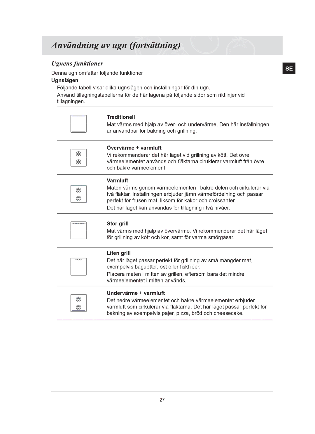 Samsung BT62FQBPST/XEE manual Ugnens funktioner 