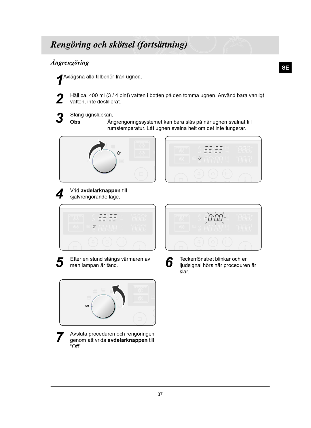 Samsung BT62FQBPST/XEE manual Rengöring och skötsel fortsättning, Ångrengöring, Obs 