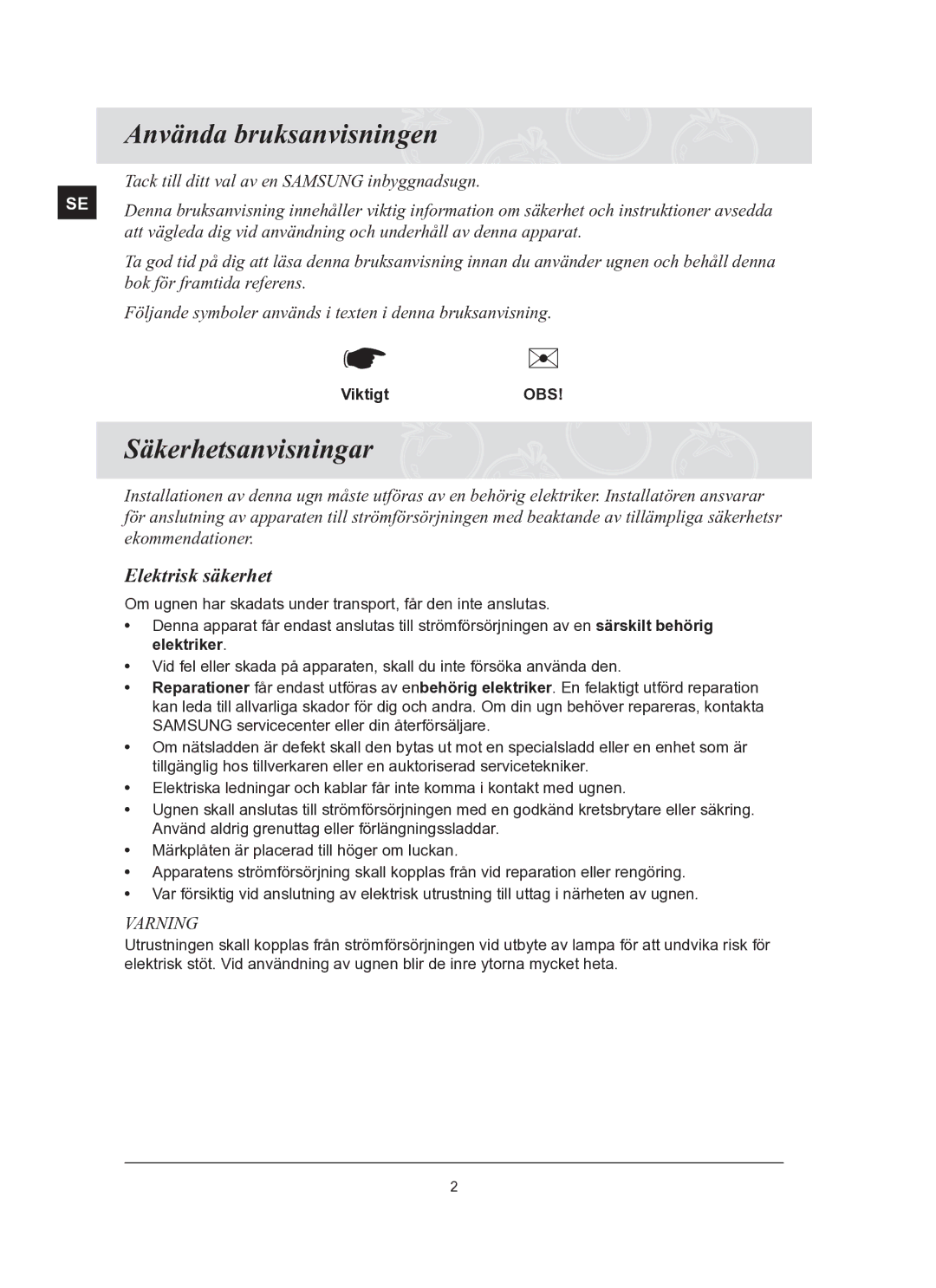 Samsung BT62FQBPST/XEE manual Använda bruksanvisningen, Säkerhetsanvisningar, Elektrisk säkerhet, ViktigtOBS 