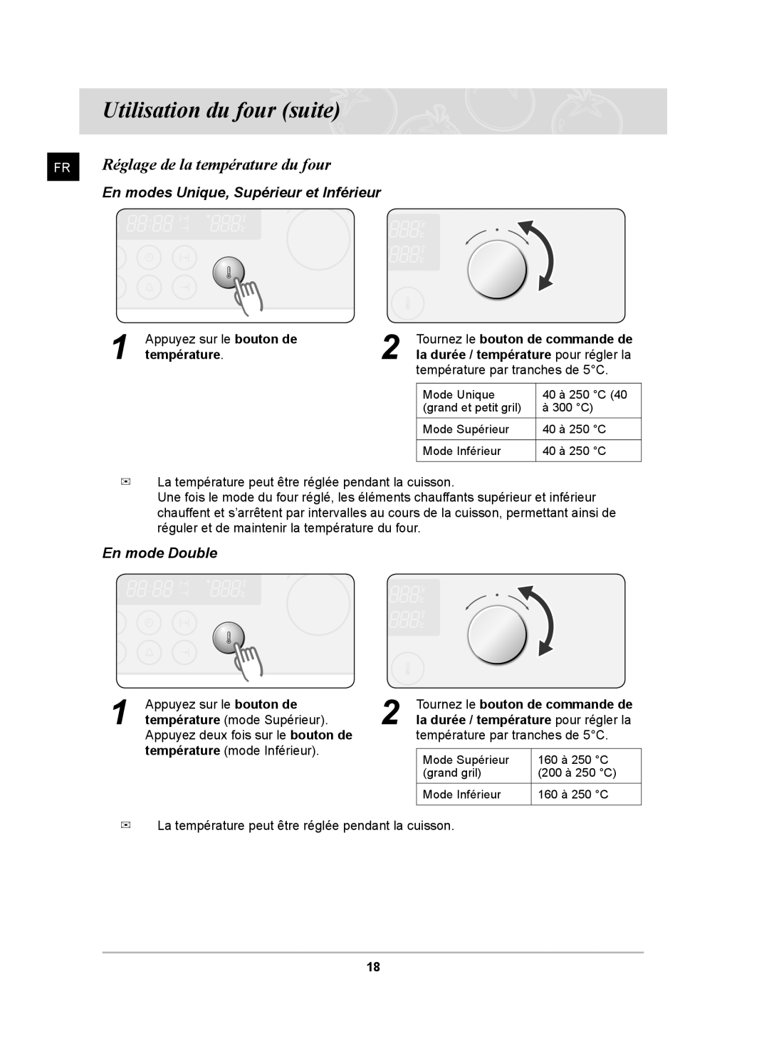 Samsung BT62FQBPST/XEF manual Réglage de la température du four, En mode Double, Température 