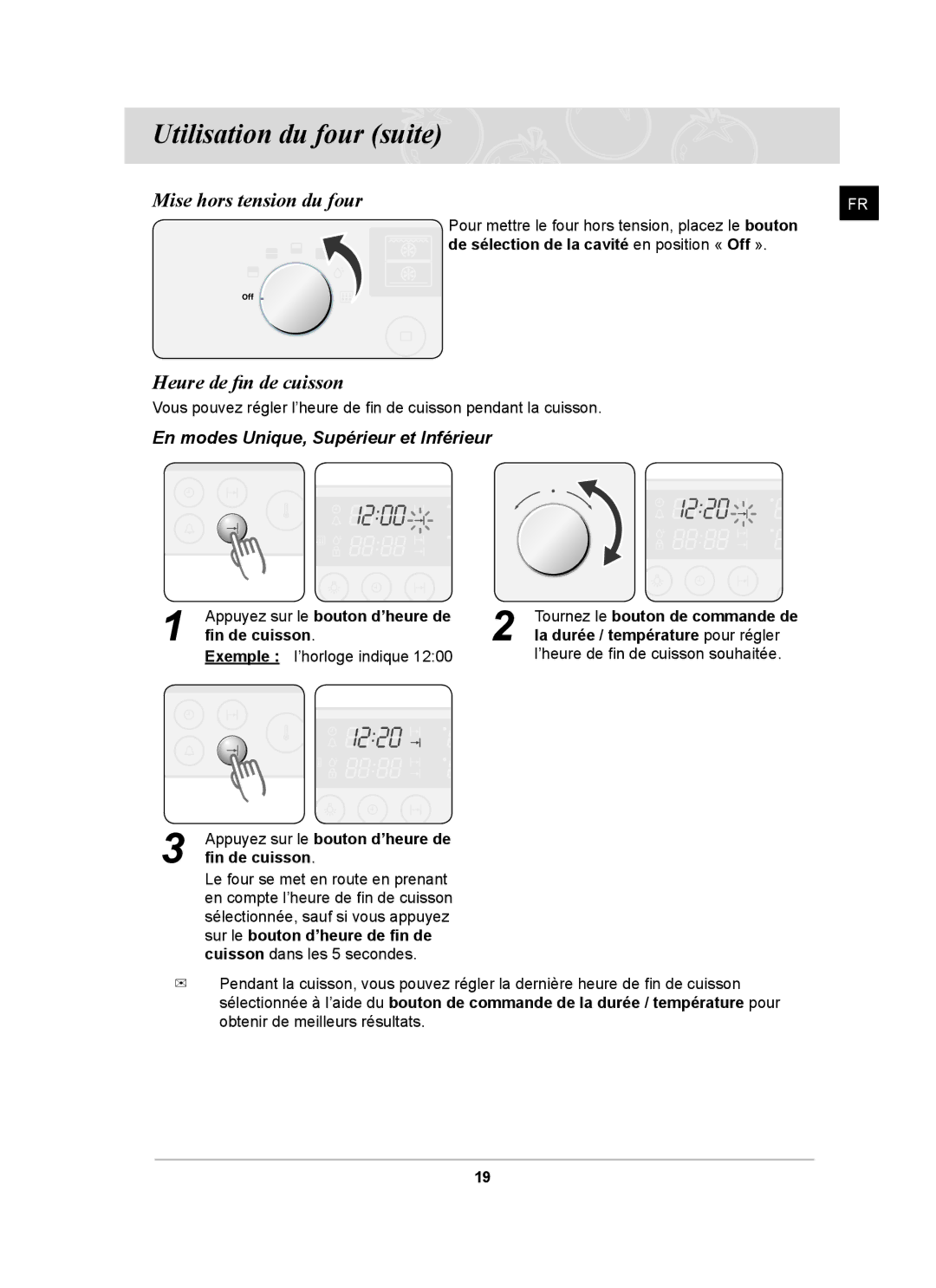 Samsung BT62FQBPST/XEF manual Mise hors tension du four, Heure de ﬁn de cuisson, En modes Unique, Supérieur et Inférieur 