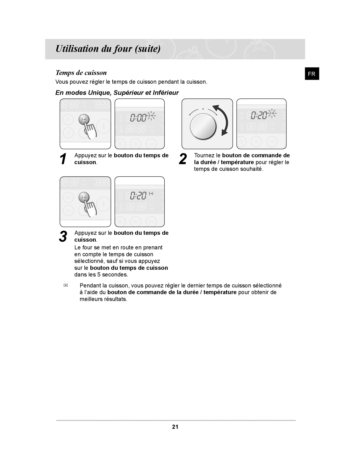 Samsung BT62FQBPST/XEF manual Temps de cuisson, Appuyez sur le bouton du temps de cuisson 