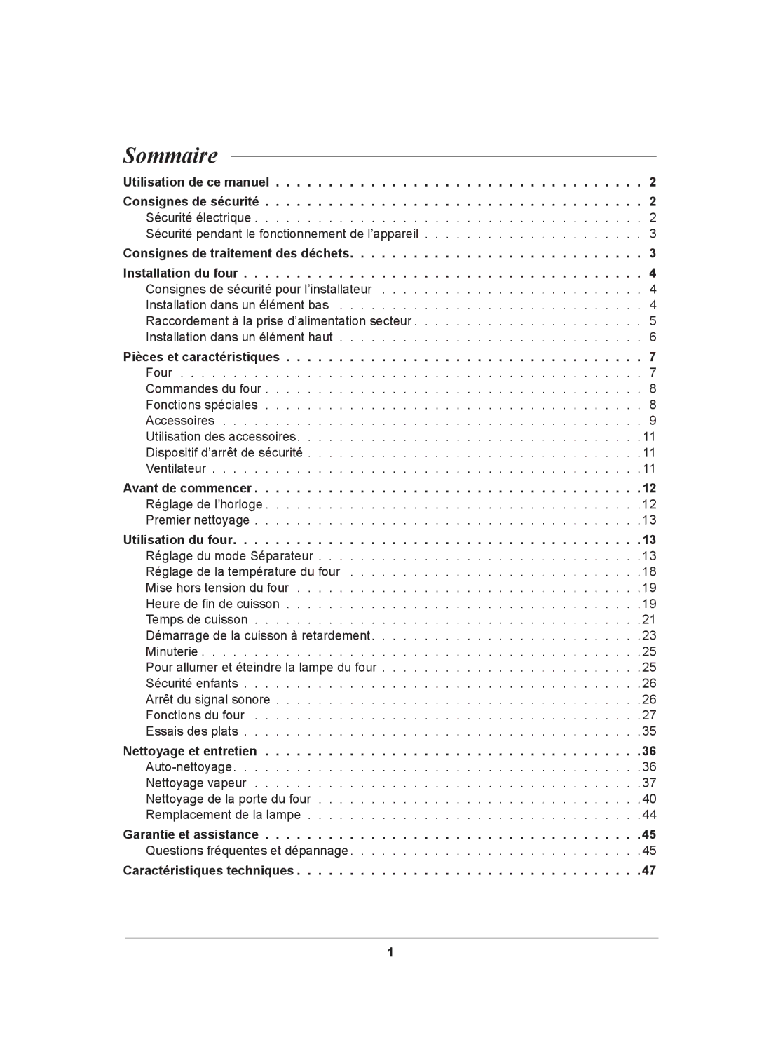 Samsung BT62FQBPST/XEF manual Sommaire, Caractéristiques techniques 