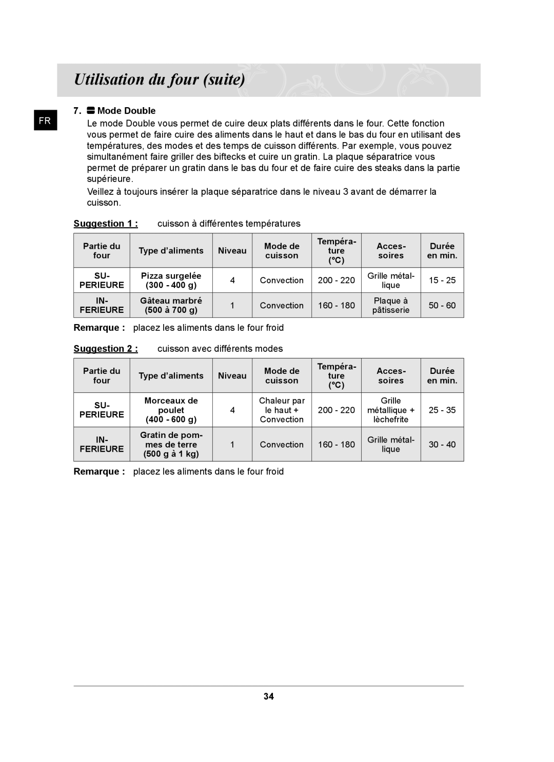 Samsung BT62FQBPST/XEF manual Cuisson à différentes températures, Remarque placez les aliments dans le four froid 