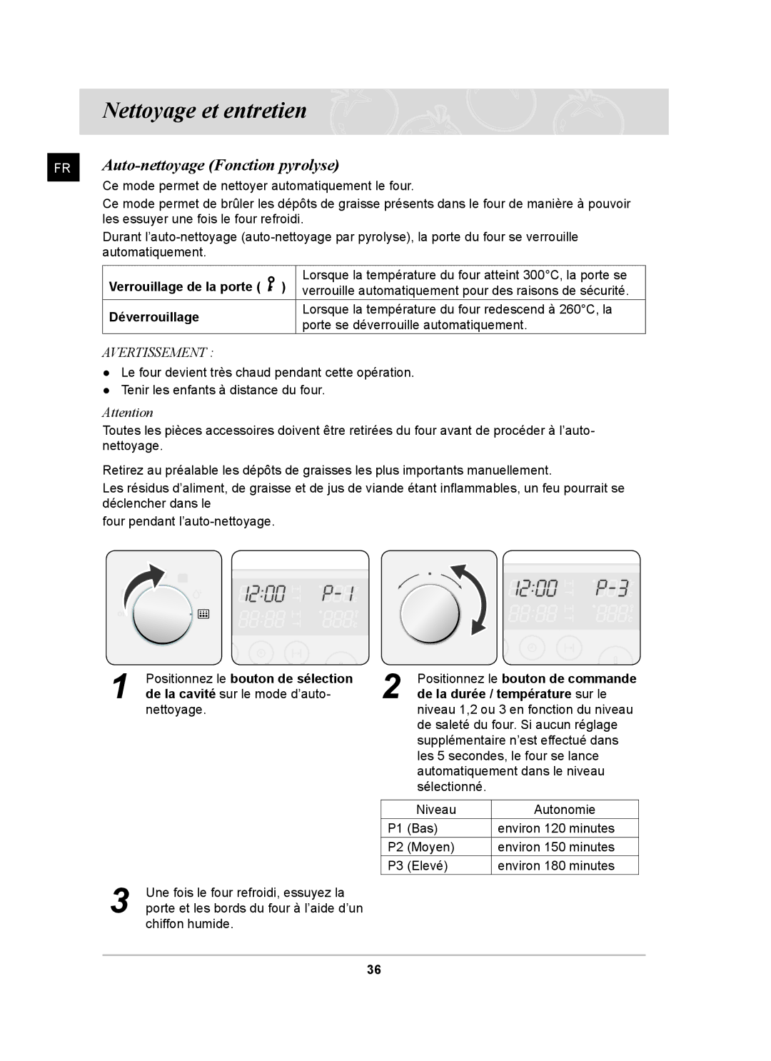 Samsung BT62FQBPST/XEF Nettoyage et entretien, Auto-nettoyage Fonction pyrolyse, Verrouillage de la porte, Déverrouillage 