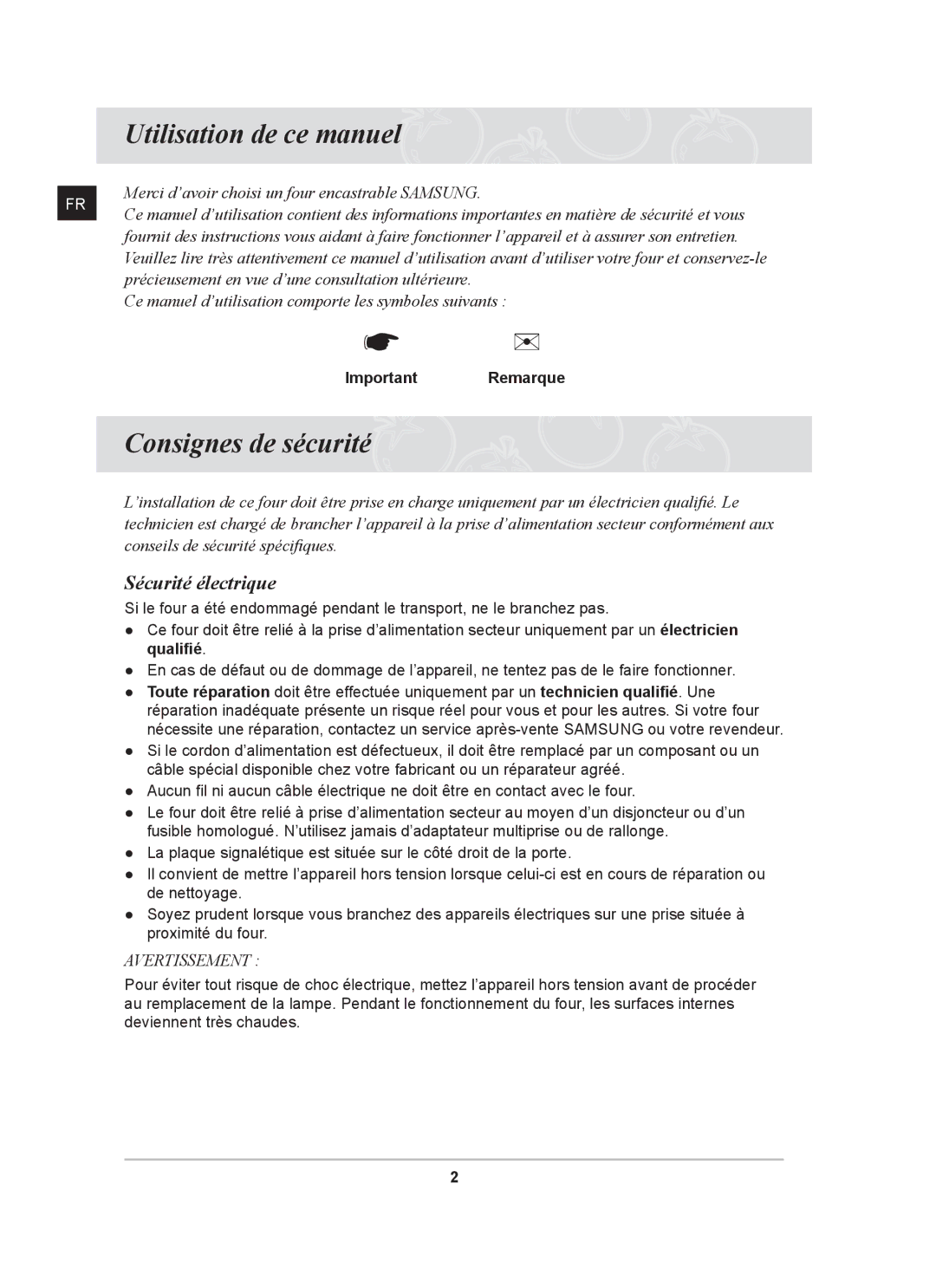 Samsung BT62FQBPST/XEF manual Utilisation de ce manuel, Consignes de sécurité, Sécurité électrique, Important Remarque 