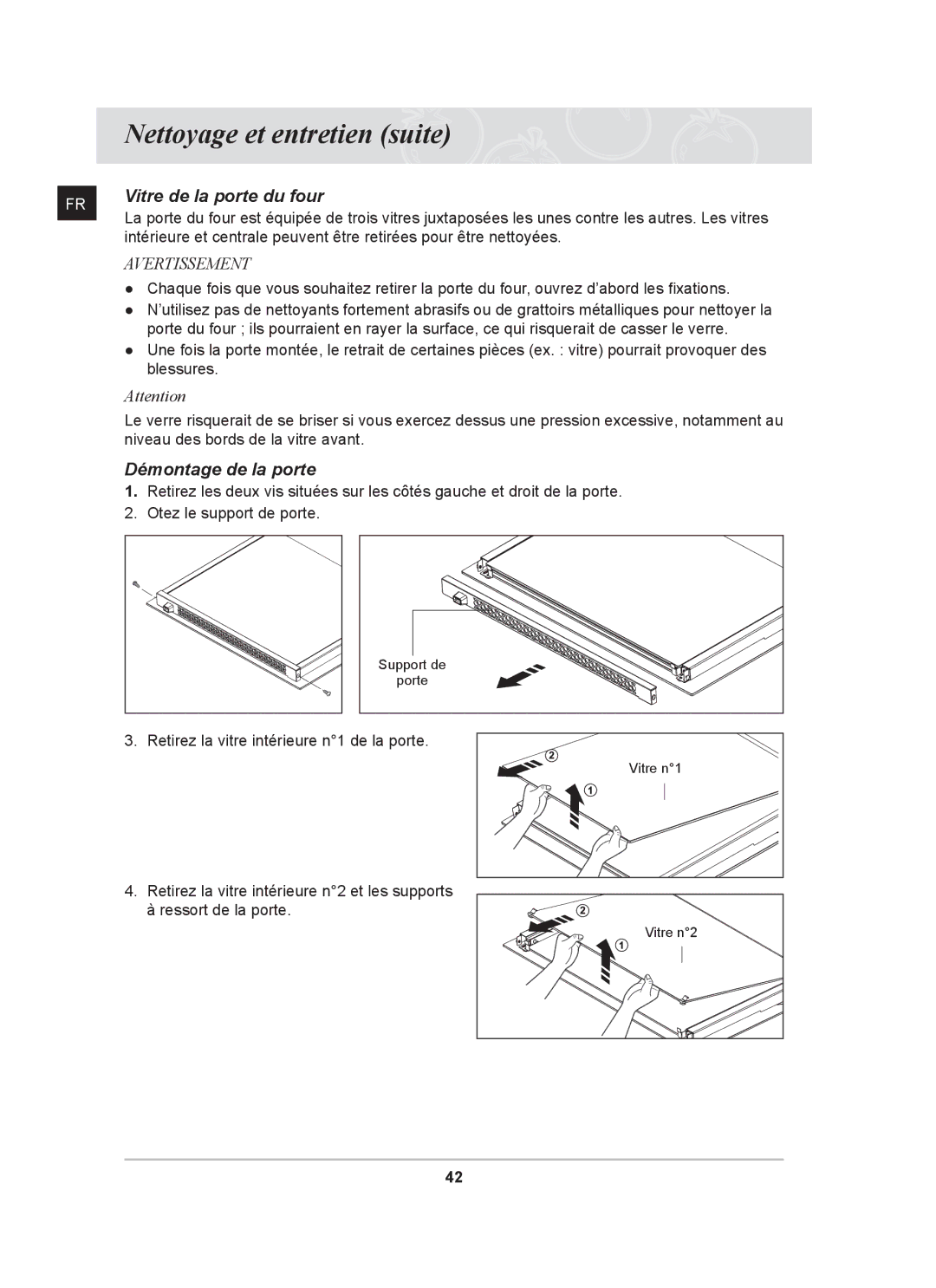 Samsung BT62FQBPST/XEF manual Vitre de la porte du four, Démontage de la porte 