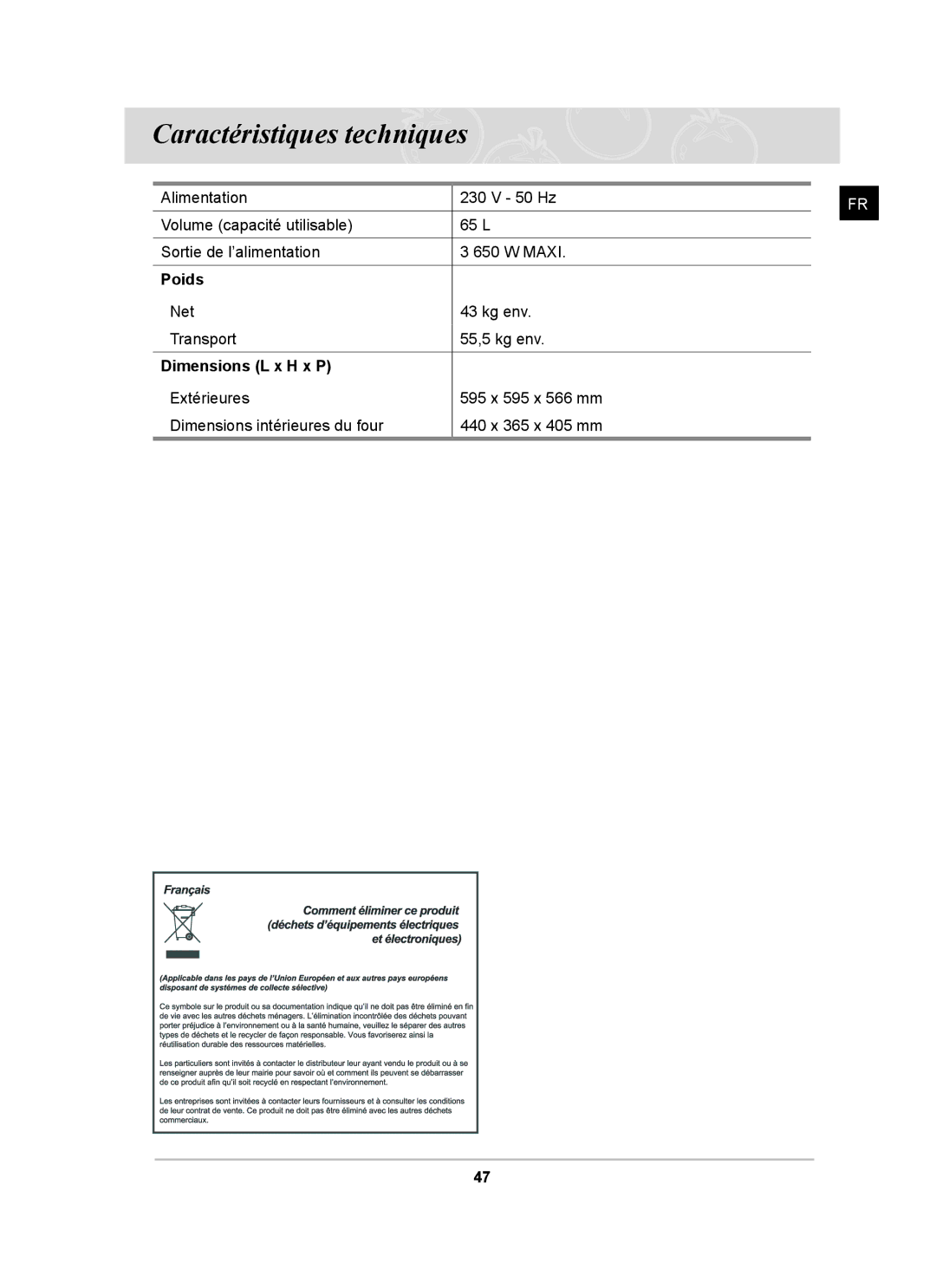 Samsung BT62FQBPST/XEF manual Caractéristiques techniques, Poids, Dimensions L x H x P 