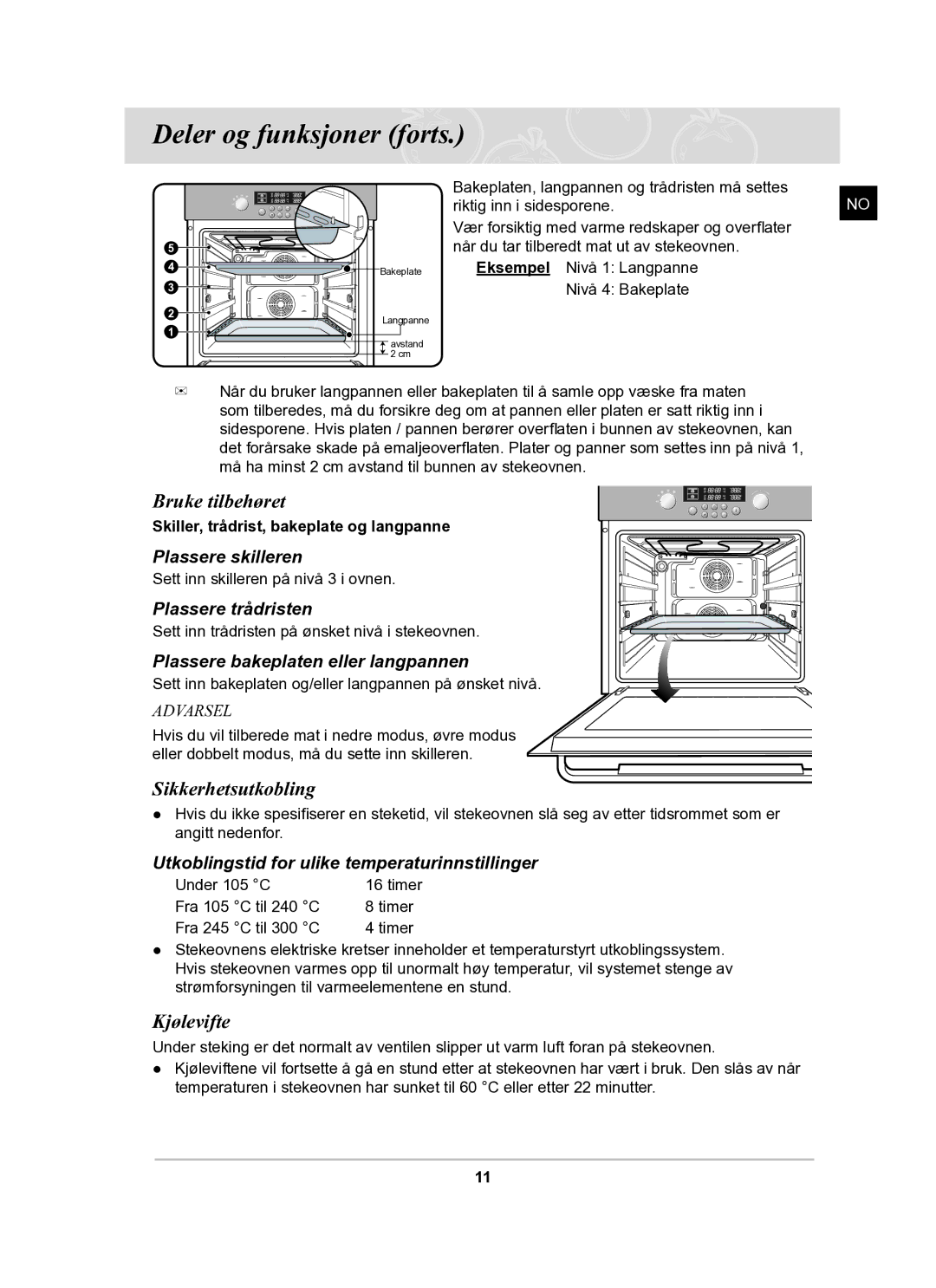 Samsung BT62TDBB/XEE manual Bruke tilbehøret, Sikkerhetsutkobling, Kjølevifte 