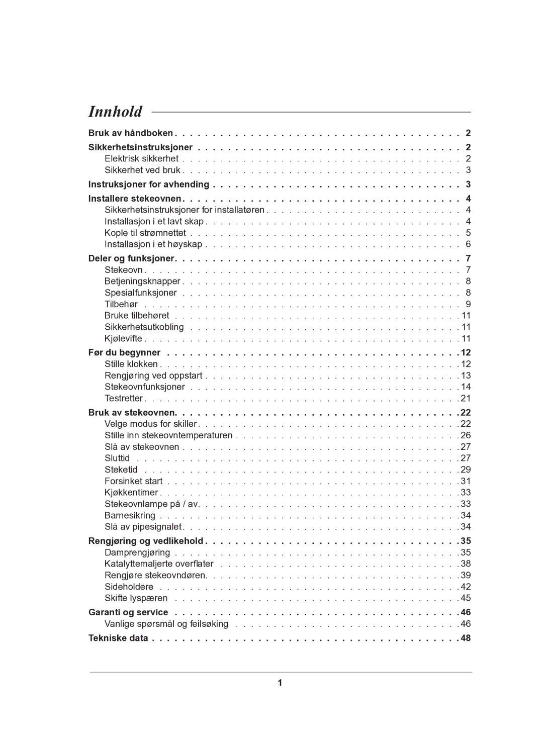 Samsung BT62TDBB/XEE manual Innhold, Elektrisk sikkerhet Sikkerhet ved bruk, Vanlige spørsmål og feilsøking 