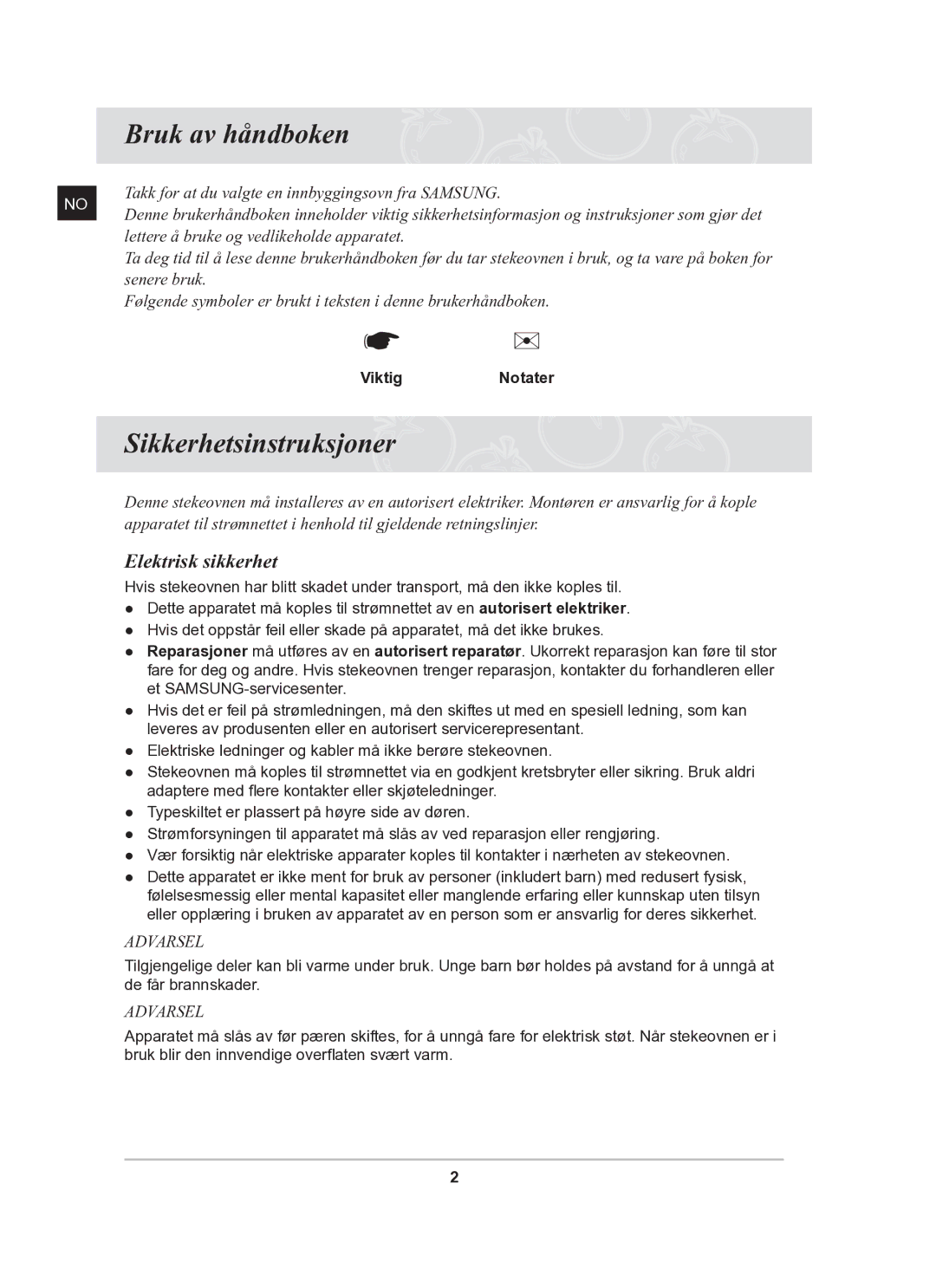 Samsung BT62TDBB/XEE manual Bruk av håndboken, Sikkerhetsinstruksjoner, Elektrisk sikkerhet, ViktigNotater 