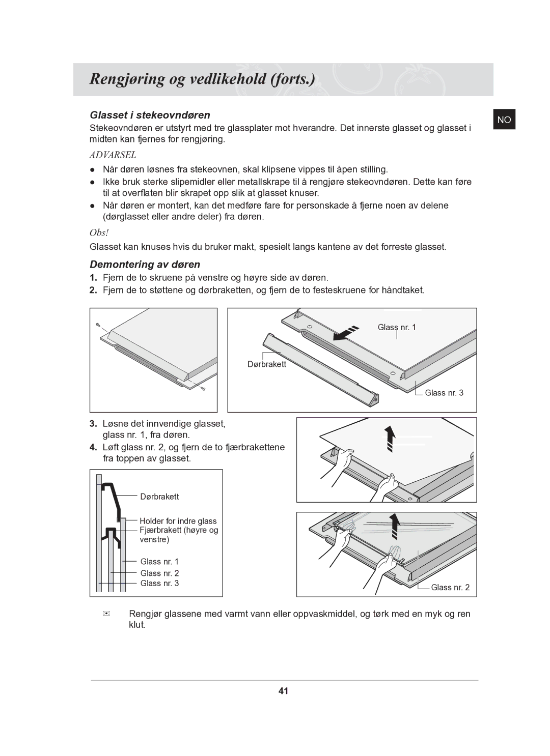 Samsung BT62TDBB/XEE manual Glasset i stekeovndøren, Demontering av døren 