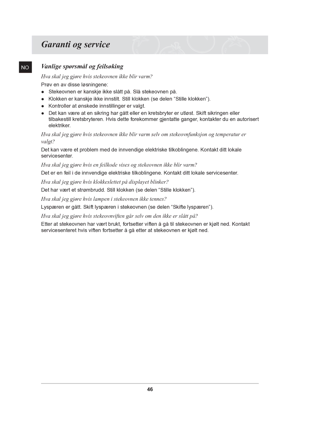 Samsung BT62TDBB/XEE manual Garanti og service, Vanlige spørsmål og feilsøking 