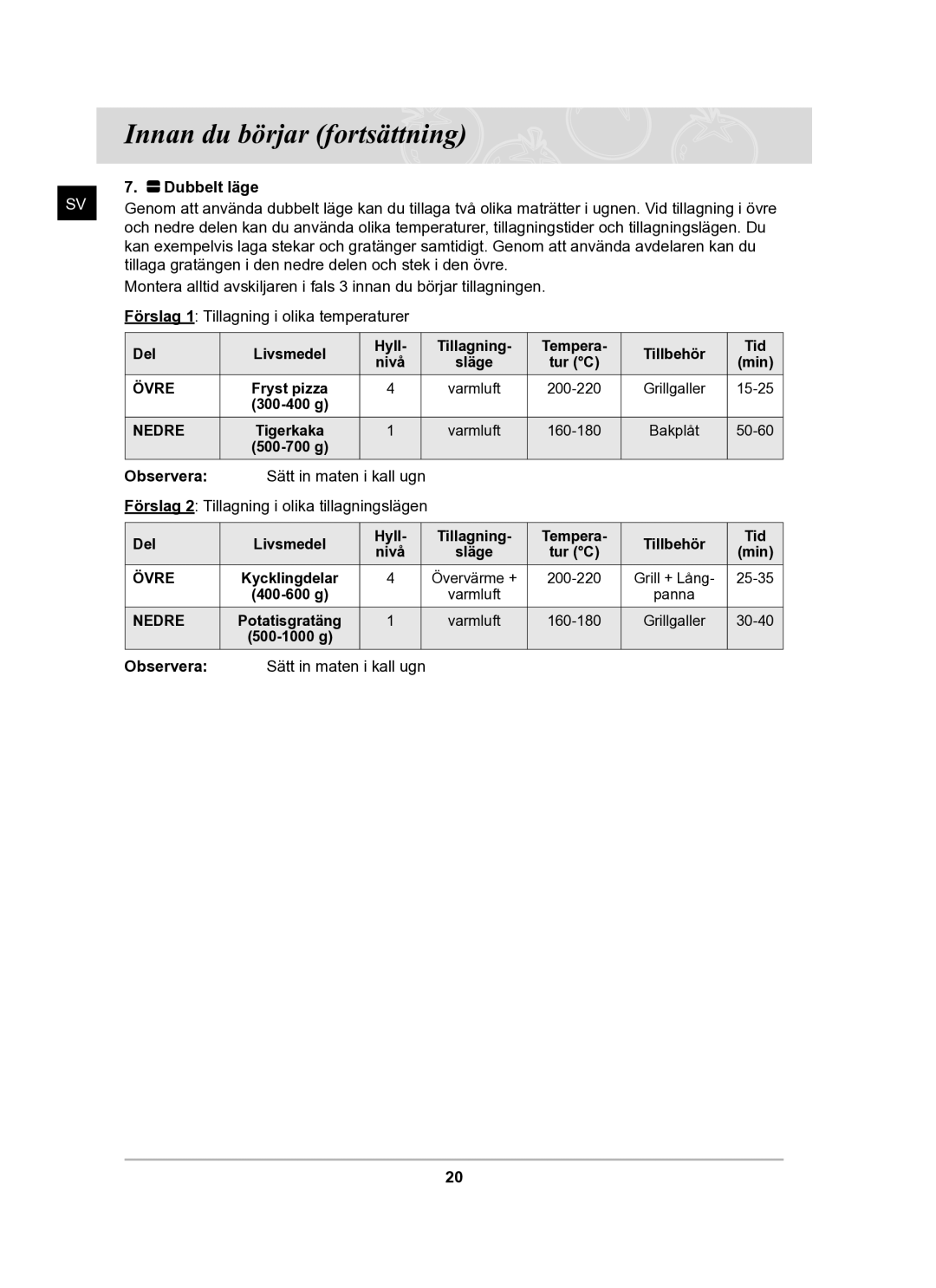 Samsung BT62TDBB/XEE manual Dubbelt läge, Observera Sätt in maten i kall ugn 