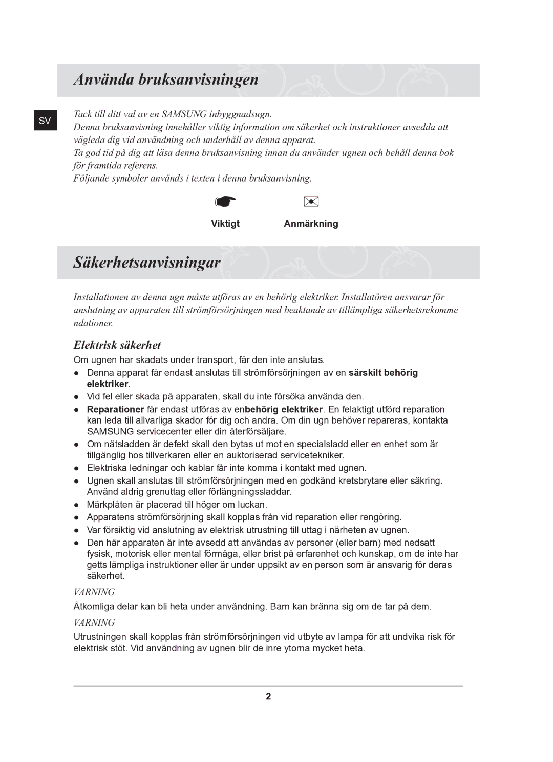 Samsung BT62TDBB/XEE manual Använda bruksanvisningen, Säkerhetsanvisningar, Elektrisk säkerhet, Viktigt Anmärkning 