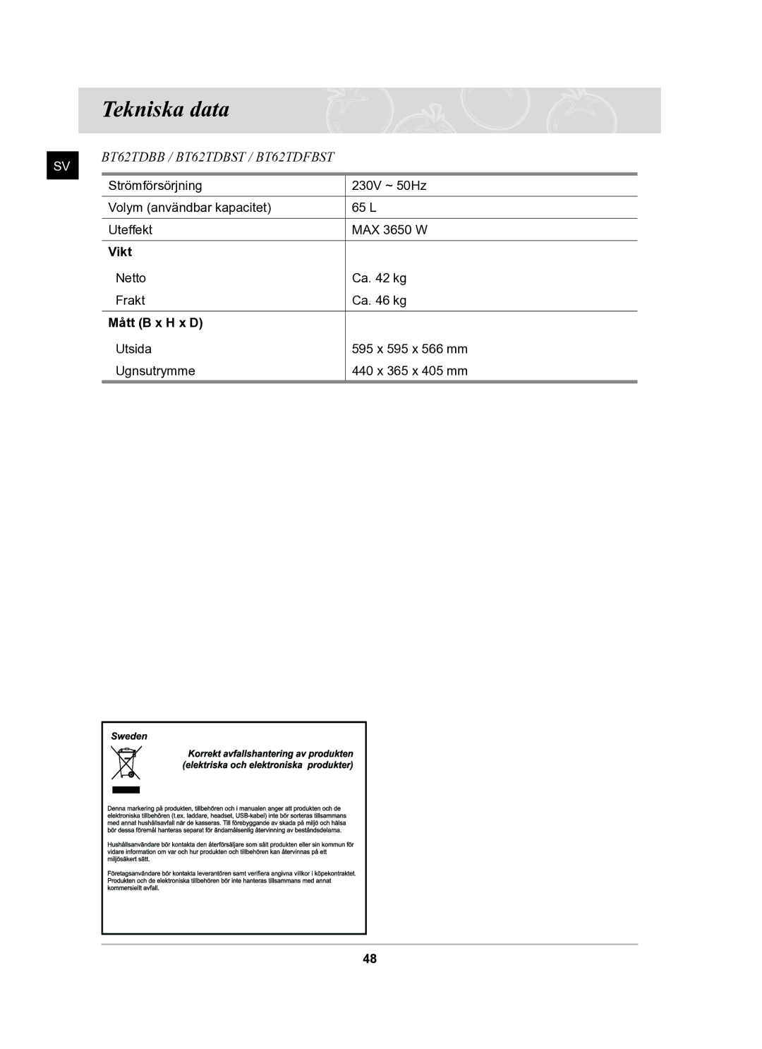 Samsung BT62TDBB/XEE manual Tekniska data, Vikt, Mått B x H x D 