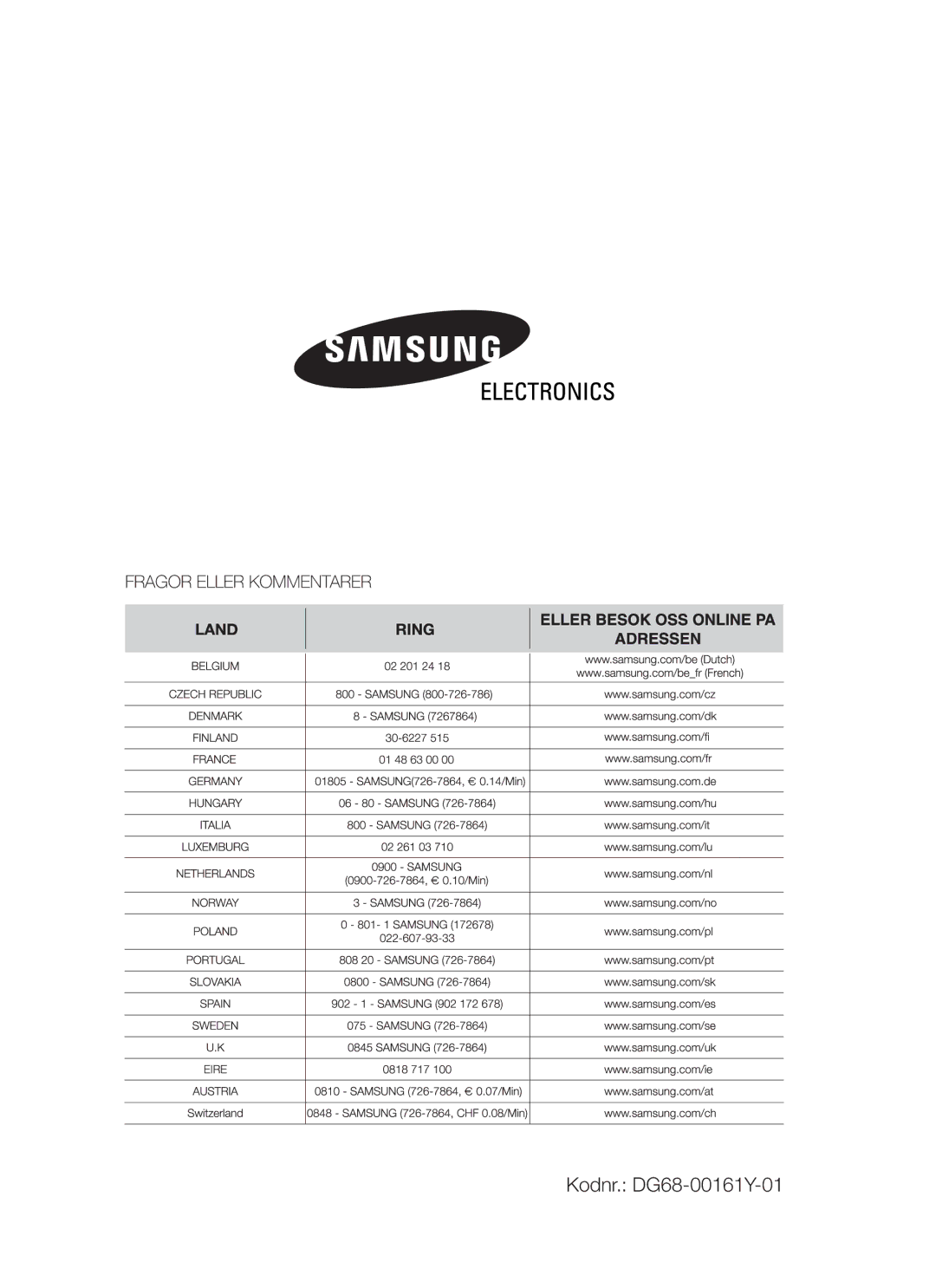 Samsung BT62TDBB/XEE manual Kodnr. DG68-00161Y-01 