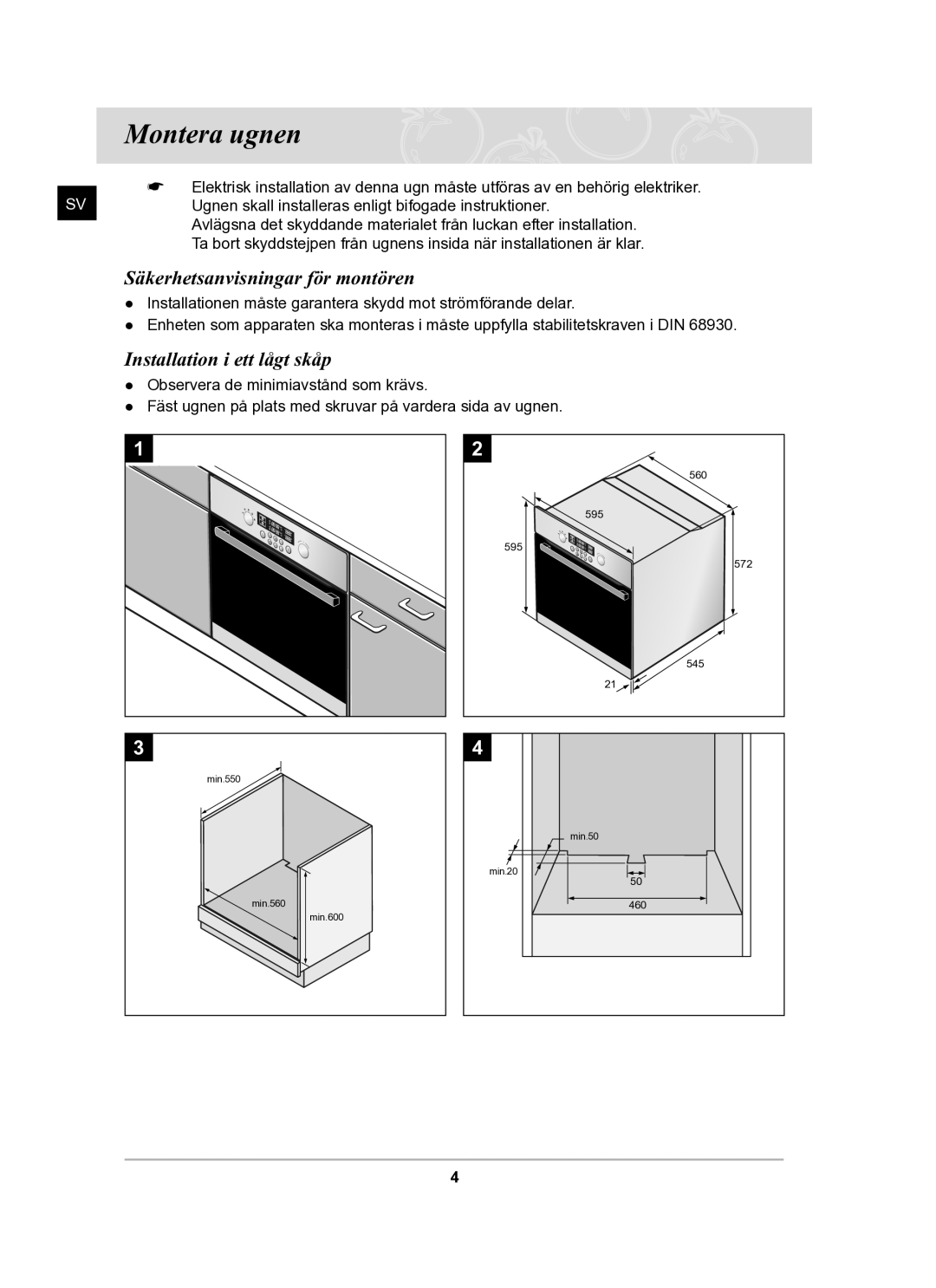 Samsung BT62TDBB/XEE manual Montera ugnen, Säkerhetsanvisningar för montören, Installation i ett lågt skåp 