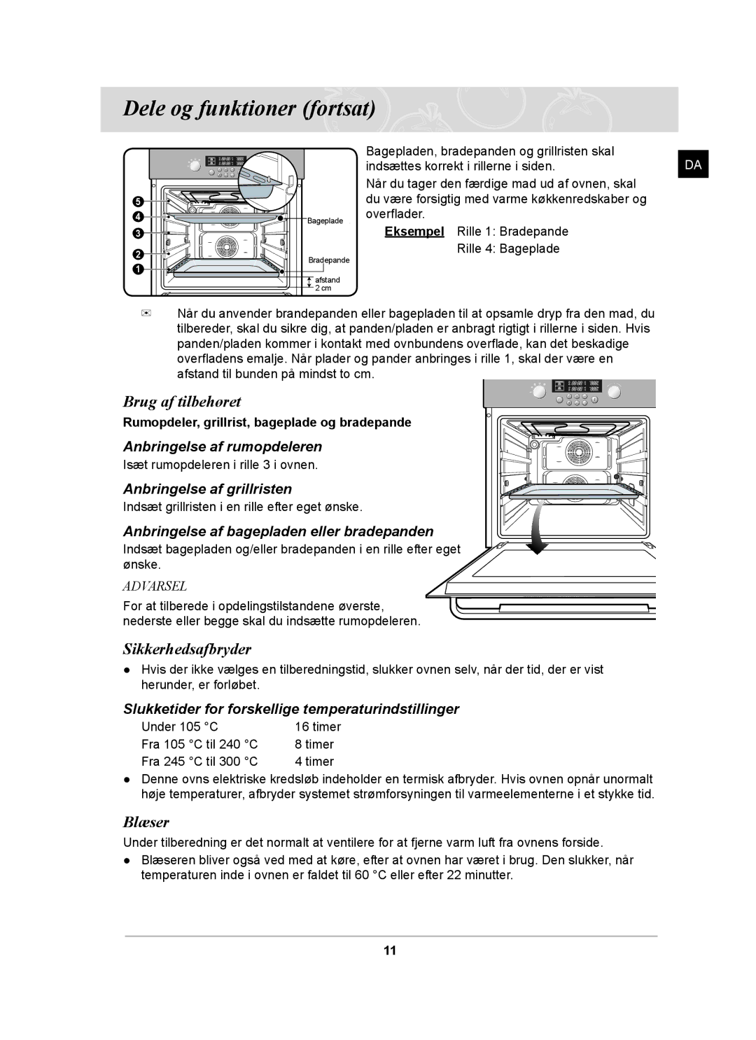 Samsung BT62TDBB/XEE manual Brug af tilbehøret, Sikkerhedsafbryder, Blæser 