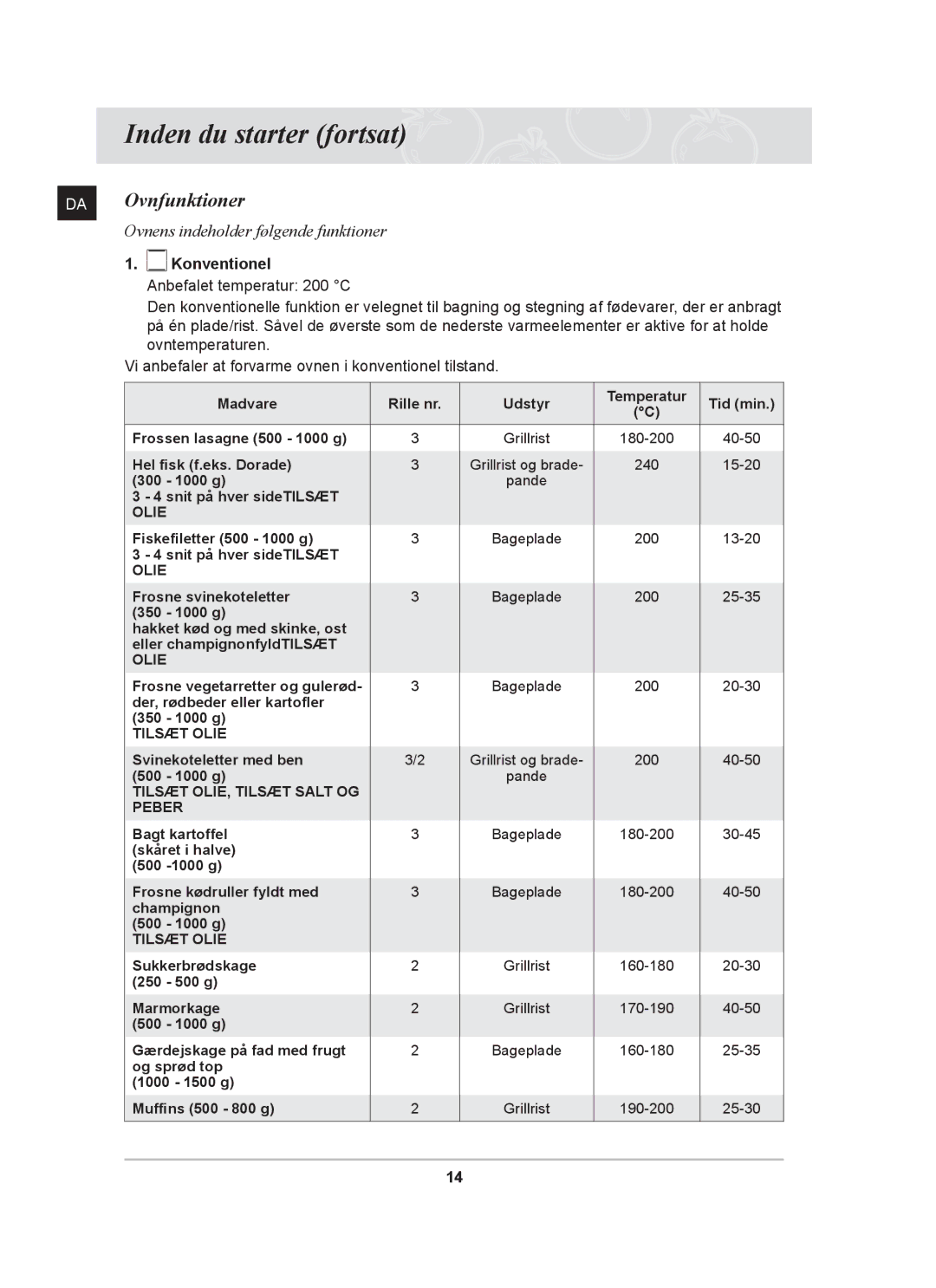 Samsung BT62TDBB/XEE manual DA Ovnfunktioner, Konventionel 