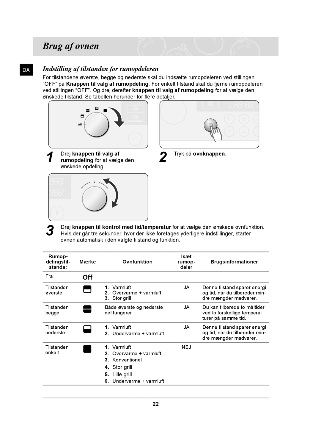 Samsung BT62TDBB/XEE manual Brug af ovnen, Indstilling af tilstanden for rumopdeleren, Drej knappen til valg af 