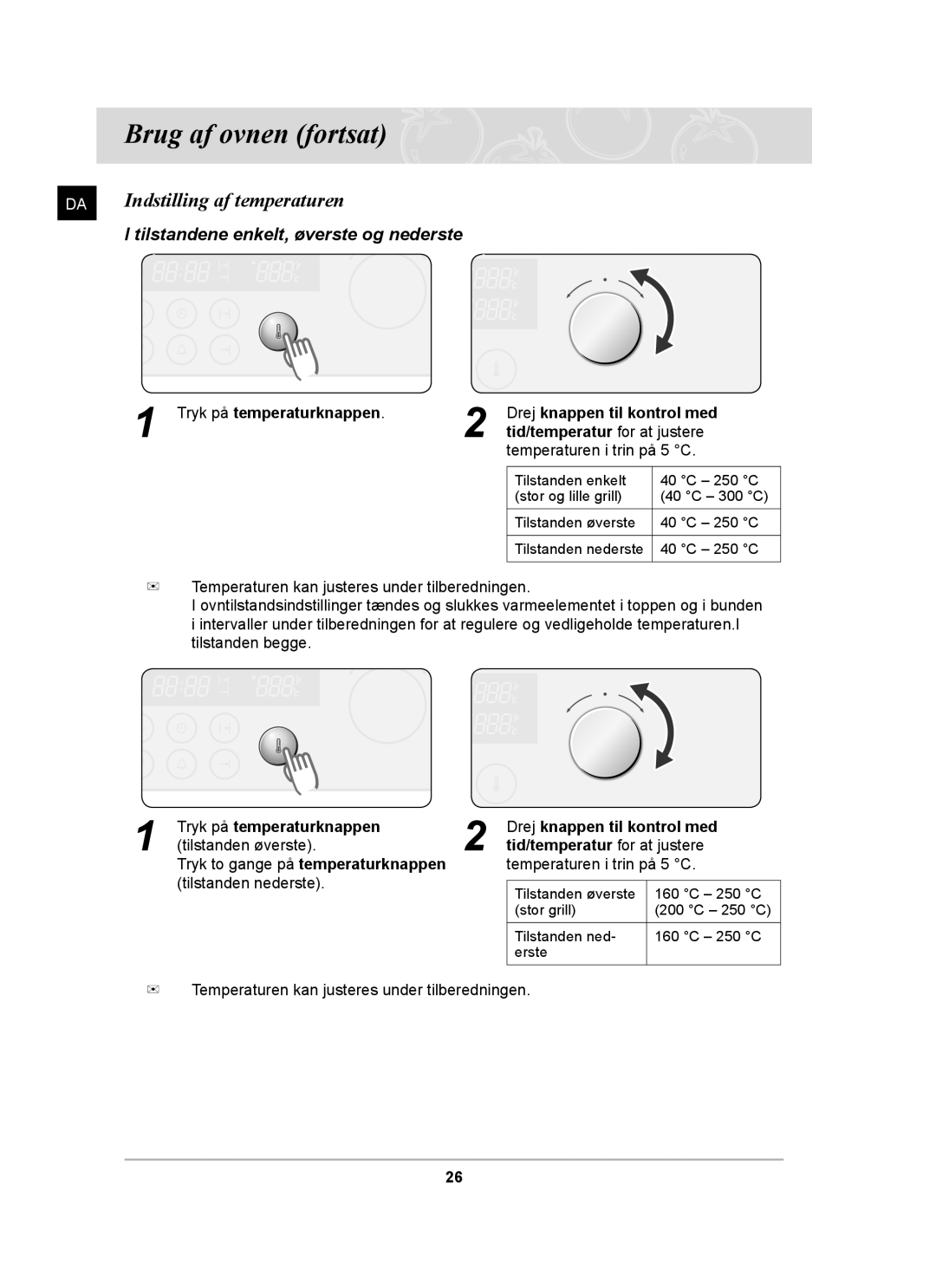 Samsung BT62TDBB/XEE manual Indstilling af temperaturen, Tryk på temperaturknappen Drej knappen til kontrol med 