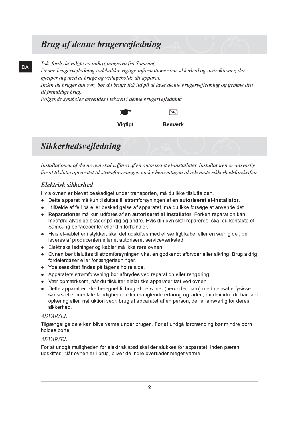 Samsung BT62TDBB/XEE manual Brug af denne brugervejledning, Sikkerhedsvejledning, Elektrisk sikkerhed, VigtigtBemærk 