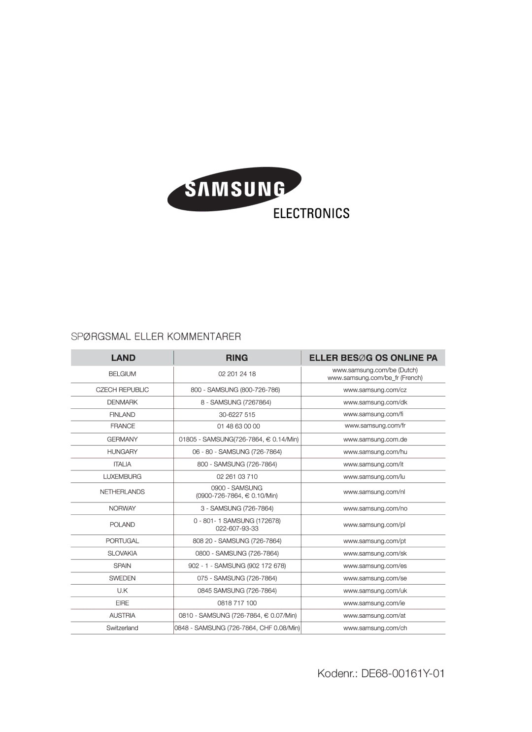 Samsung BT62TDBB/XEE manual Kodenr. DE68-00161Y-01 