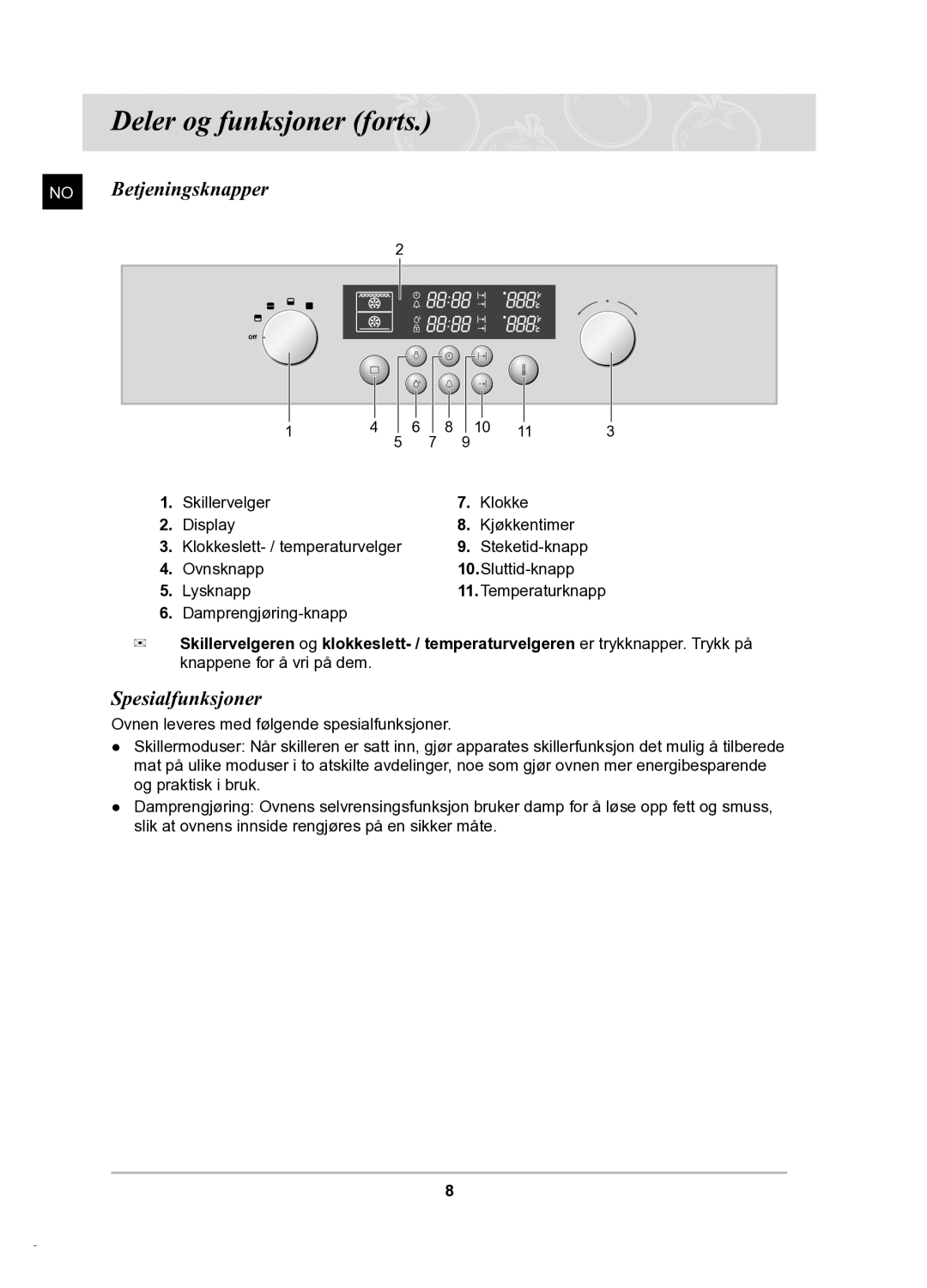 Samsung BT62TDBB/XEE manual Deler og funksjoner forts, No Betjeningsknapper, Spesialfunksjoner 