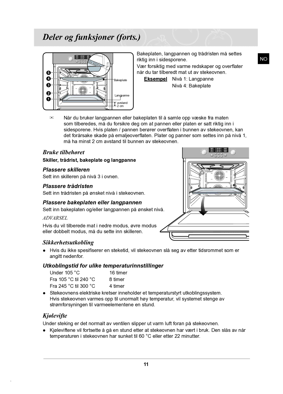 Samsung BT62TDBB/XEE manual Bruke tilbehøret, Sikkerhetsutkobling, Kjølevifte 