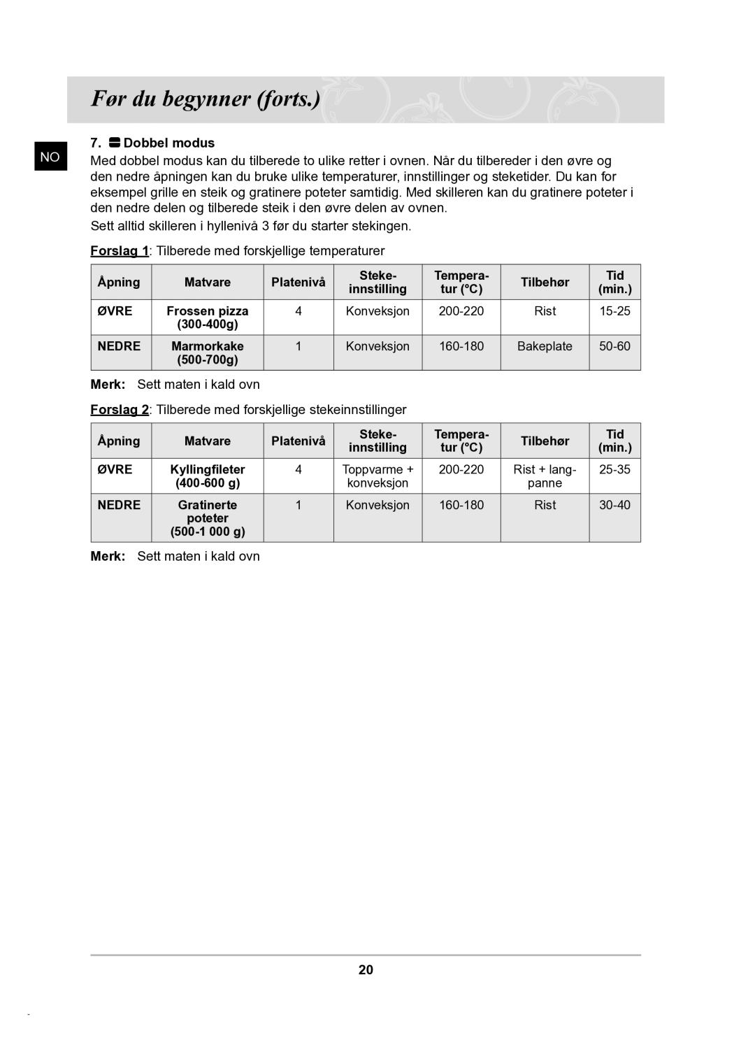 Samsung BT62TDBB/XEE manual Dobbel modus 