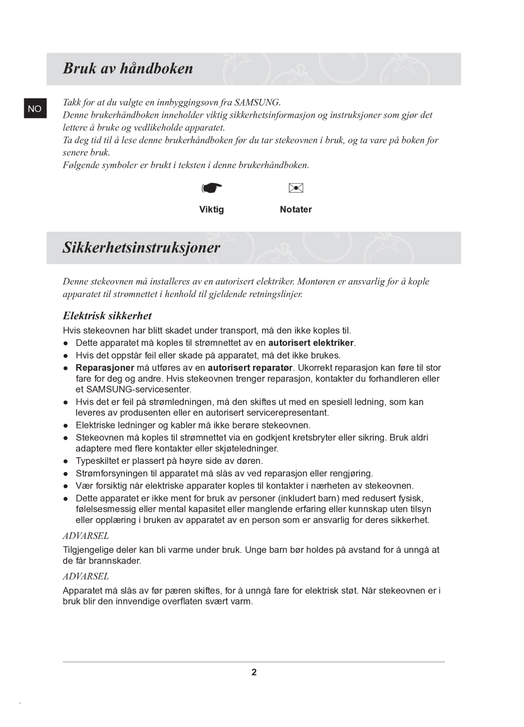 Samsung BT62TDBB/XEE manual Bruk av håndboken, Sikkerhetsinstruksjoner, Elektrisk sikkerhet, ViktigNotater 