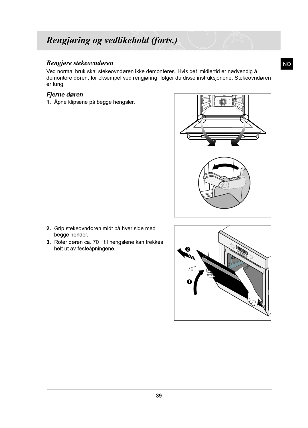 Samsung BT62TDBB/XEE manual Rengjøre stekeovndøren, Fjerne døren 