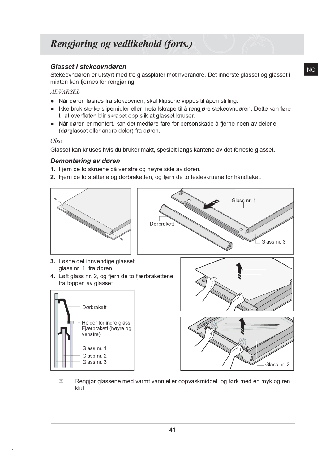 Samsung BT62TDBB/XEE manual Glasset i stekeovndøren, Demontering av døren 