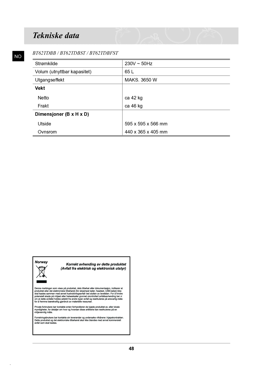 Samsung BT62TDBB/XEE manual Tekniske data, Vekt, Dimensjoner B x H x D 