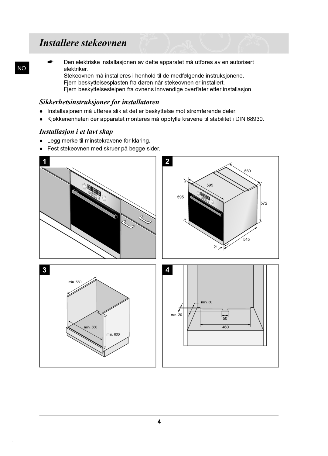 Samsung BT62TDBB/XEE manual Installere stekeovnen, Sikkerhetsinstruksjoner for installatøren, Installasjon i et lavt skap 