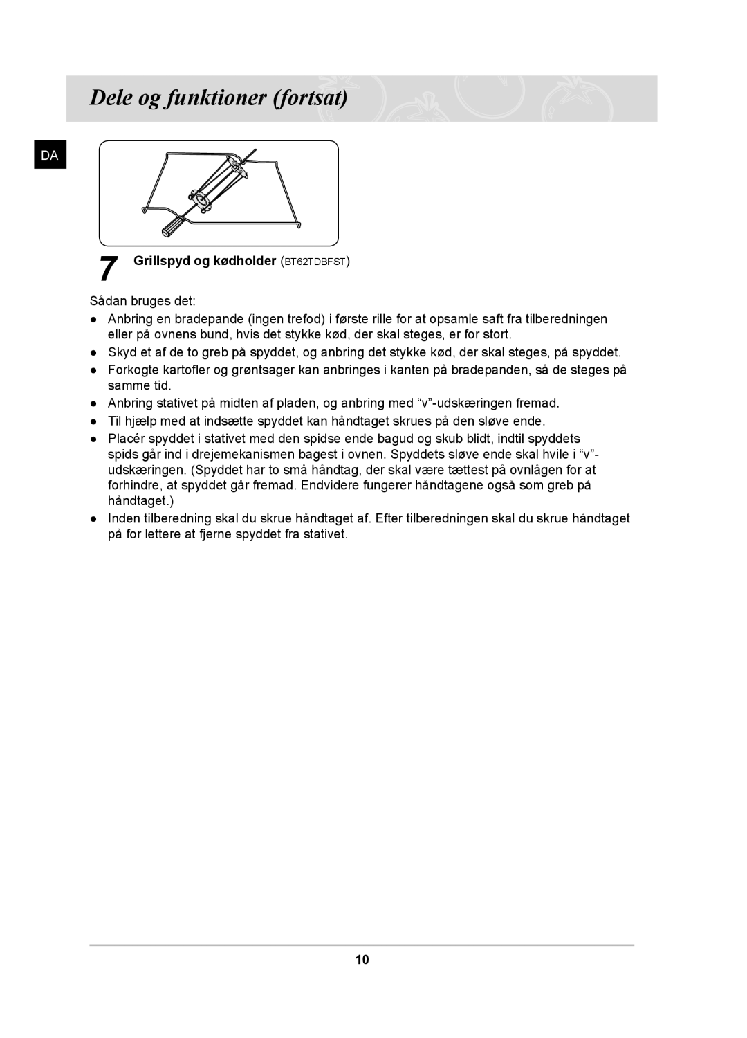 Samsung BT62TDBB/XEE manual Grillspyd og kødholder BT62TDBFST 