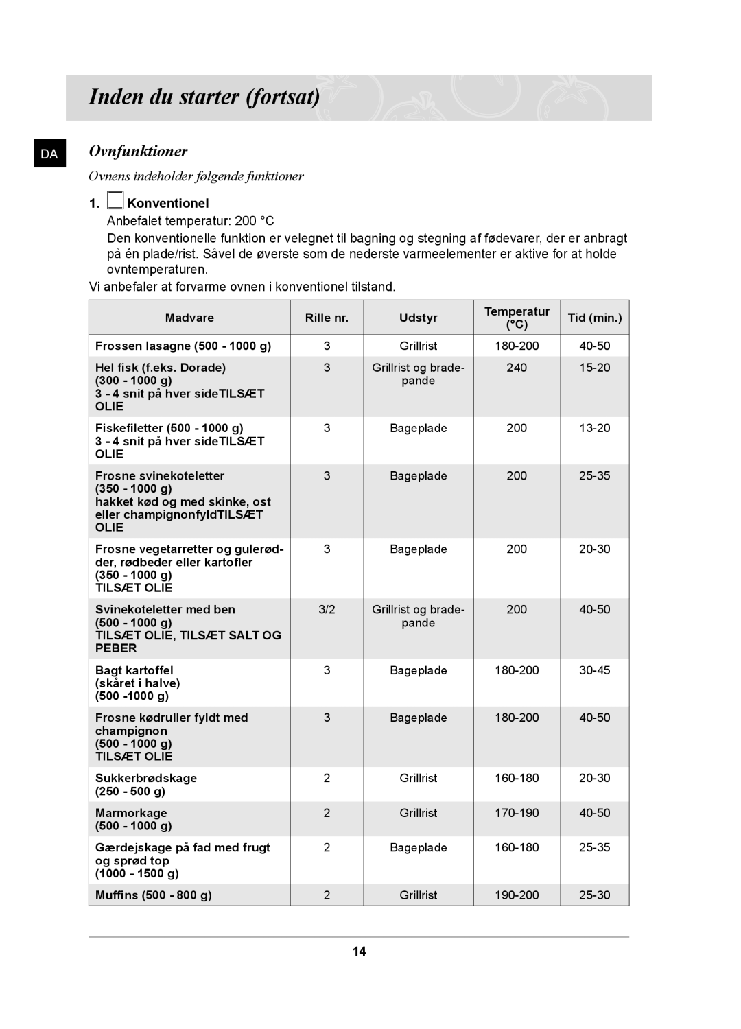 Samsung BT62TDBB/XEE manual DA Ovnfunktioner, Konventionel 