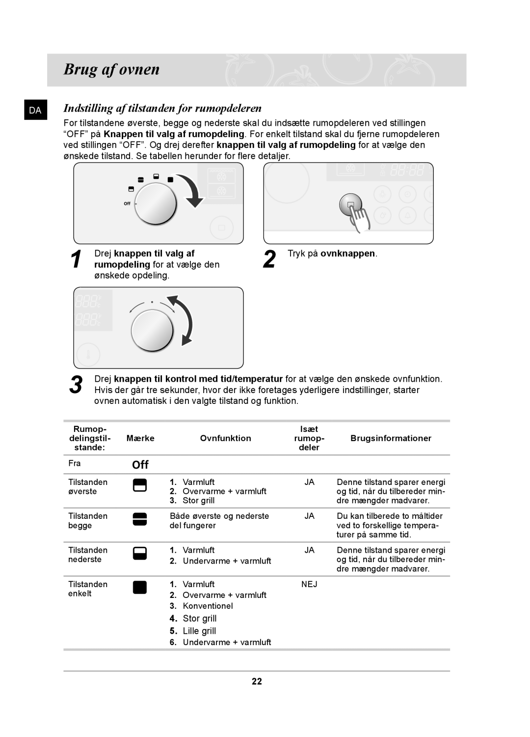 Samsung BT62TDBB/XEE manual Brug af ovnen, Indstilling af tilstanden for rumopdeleren, Drej knappen til valg af 