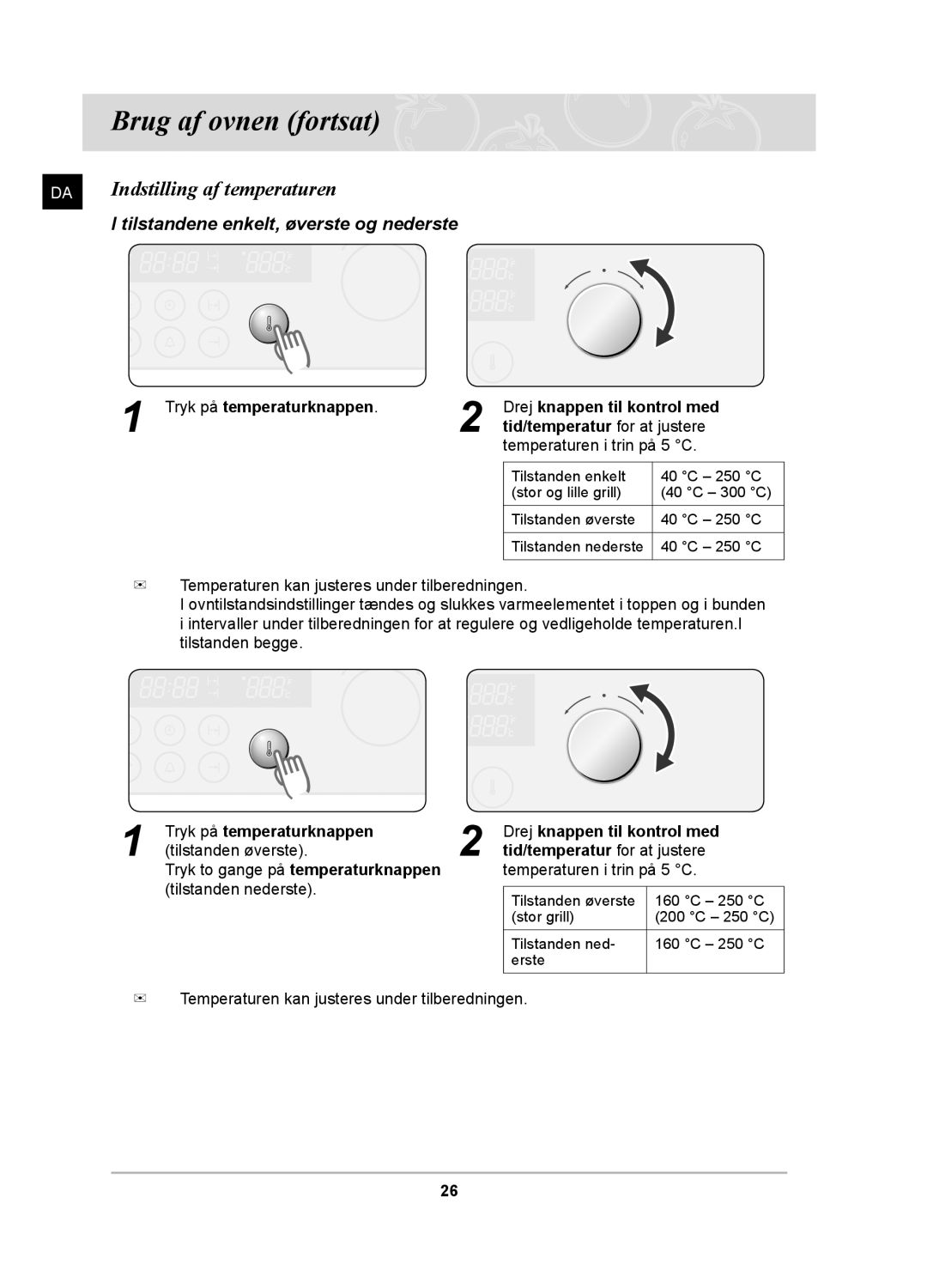 Samsung BT62TDBB/XEE manual Indstilling af temperaturen, Tryk på temperaturknappen 