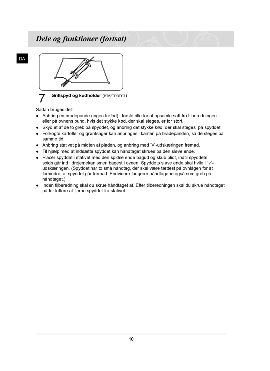 Samsung BT62TDBST/XEE manual Grillspyd og kødholder BT62TDBFST 