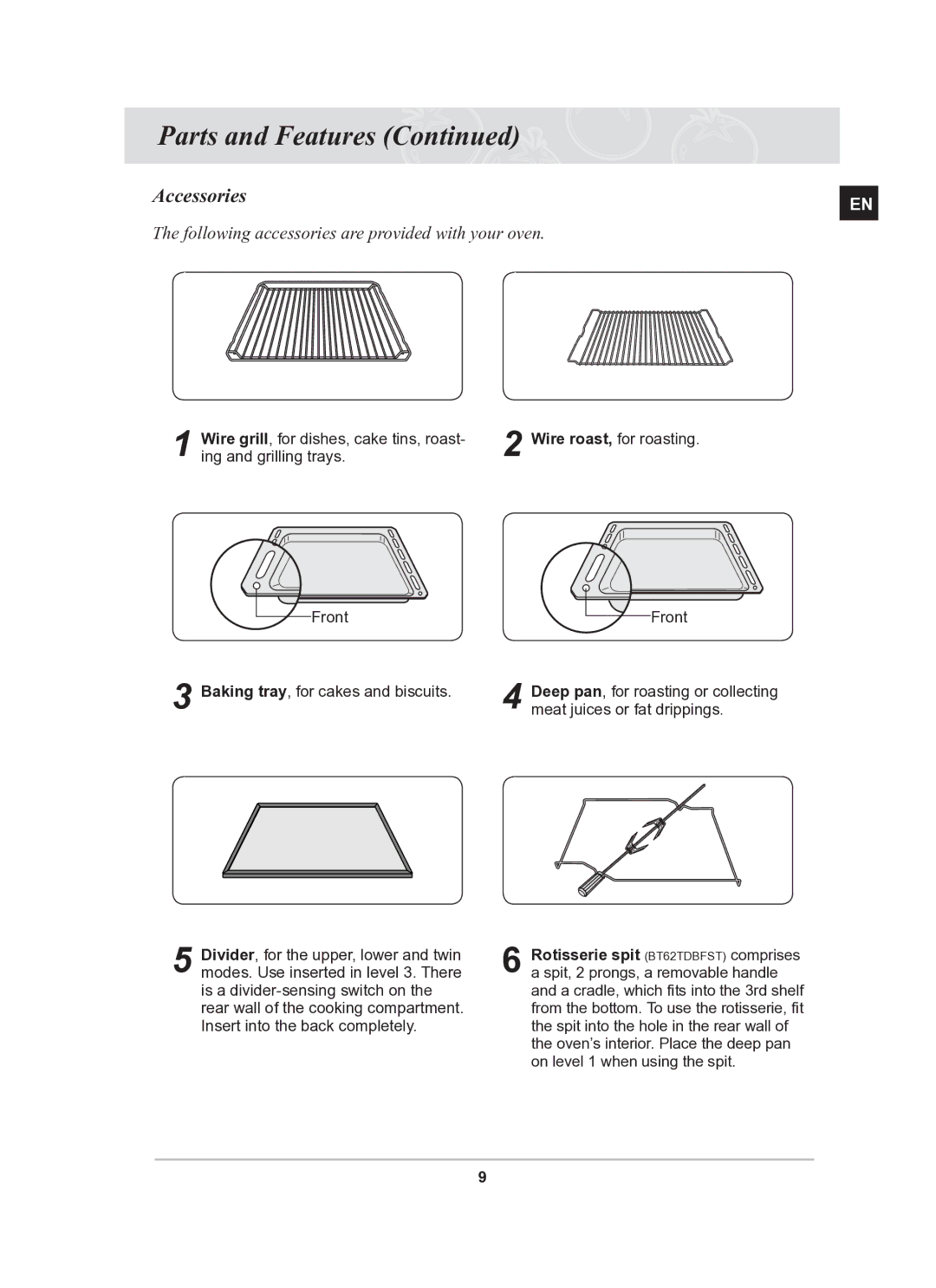 Samsung BT62TDBST/XEE manual Accessories, Following accessories are provided with your oven 