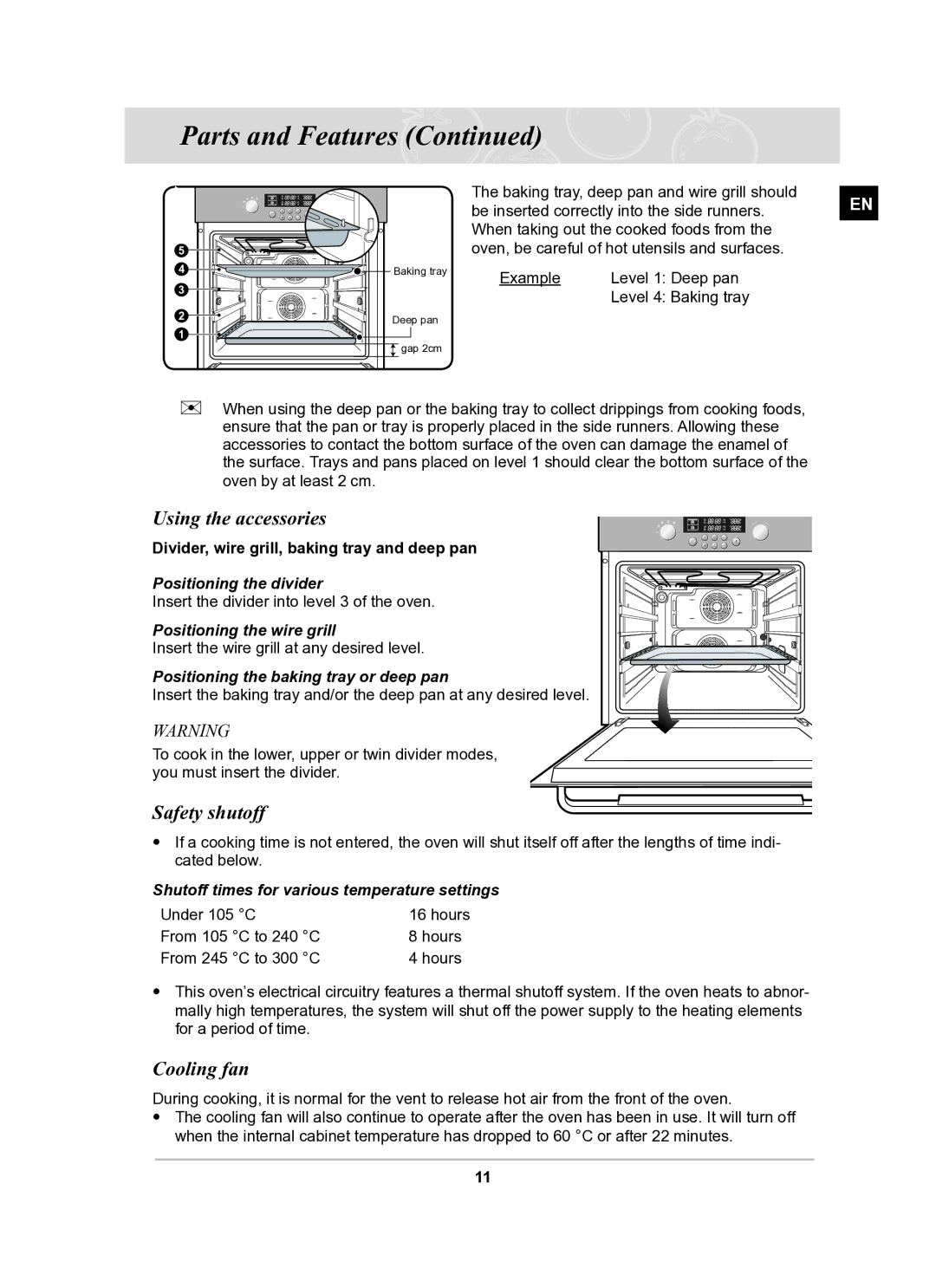 Samsung BT62TDBST/XEE manual Using the accessories, Safety shutoff, Cooling fan 