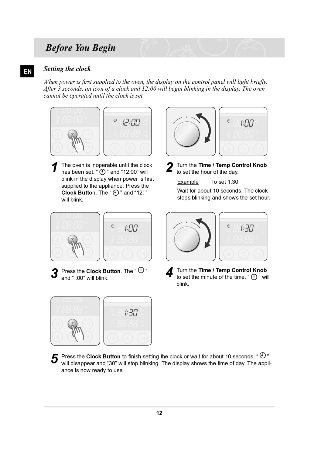 Samsung BT62TDBST/XEE manual Before You Begin, Setting the clock, Cannot be operated until the clock is set 