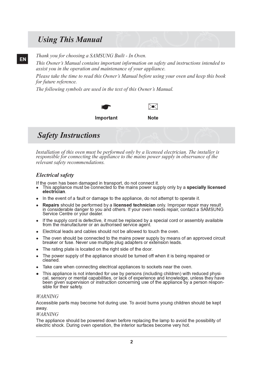 Samsung BT62TDBST/XEE manual Using This Manual, Safety Instructions, Electrical safety, ImportantNote 