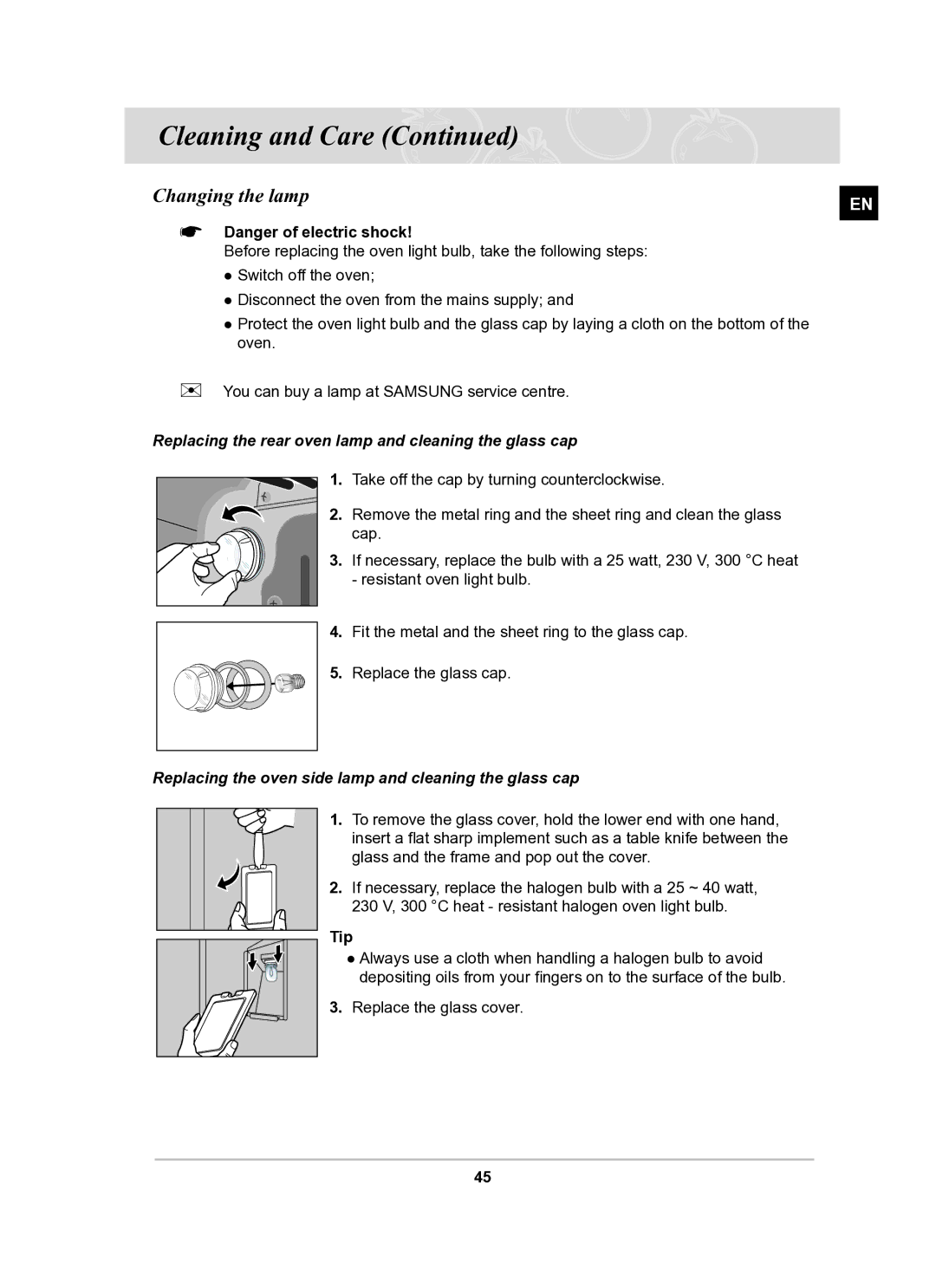 Samsung BT62TDBST/XEE manual Changing the lamp, Replacing the rear oven lamp and cleaning the glass cap, Tip 