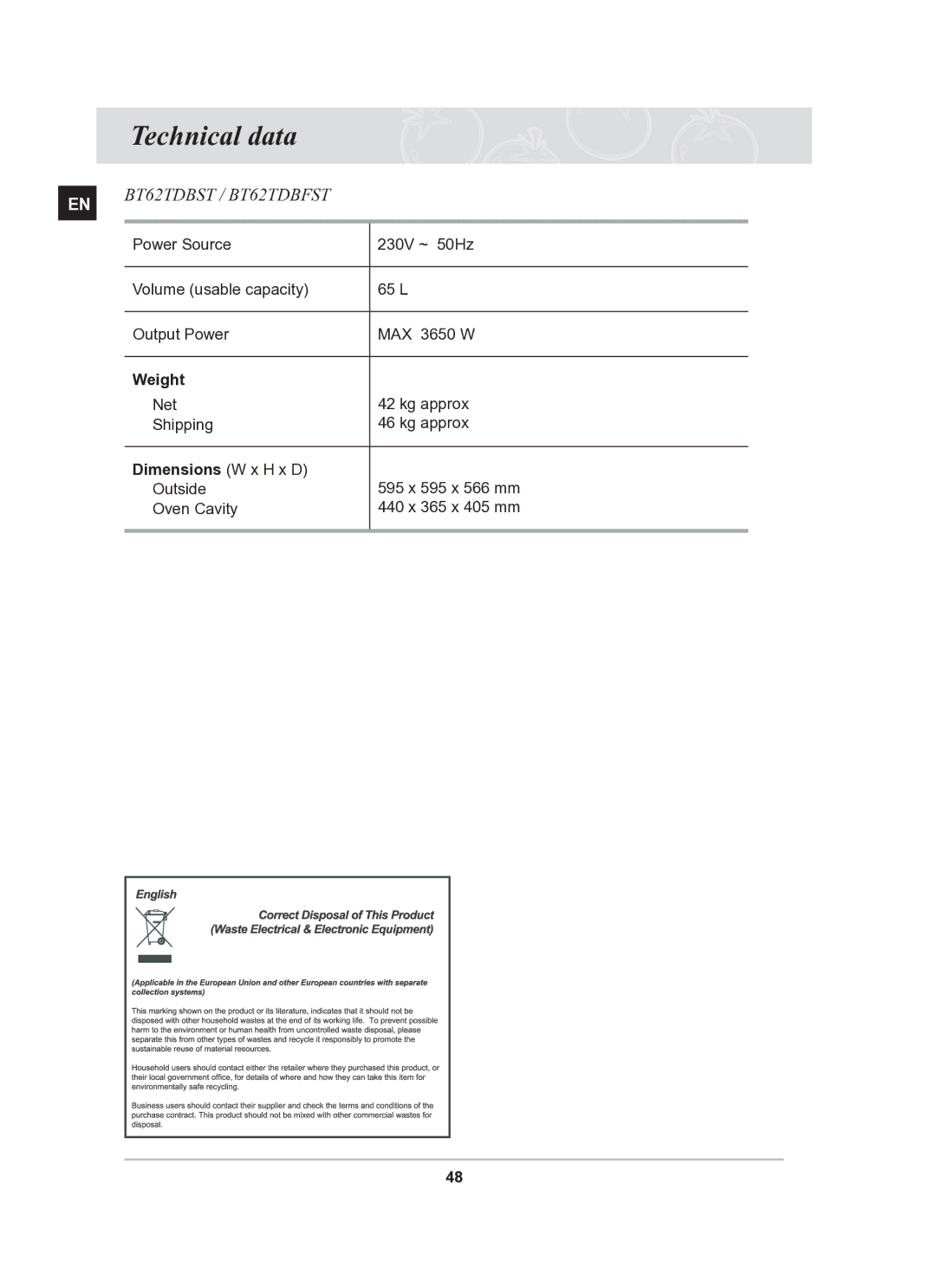 Samsung BT62TDBST/XEE manual Technical data, Weight, Dimensions W x H x D 