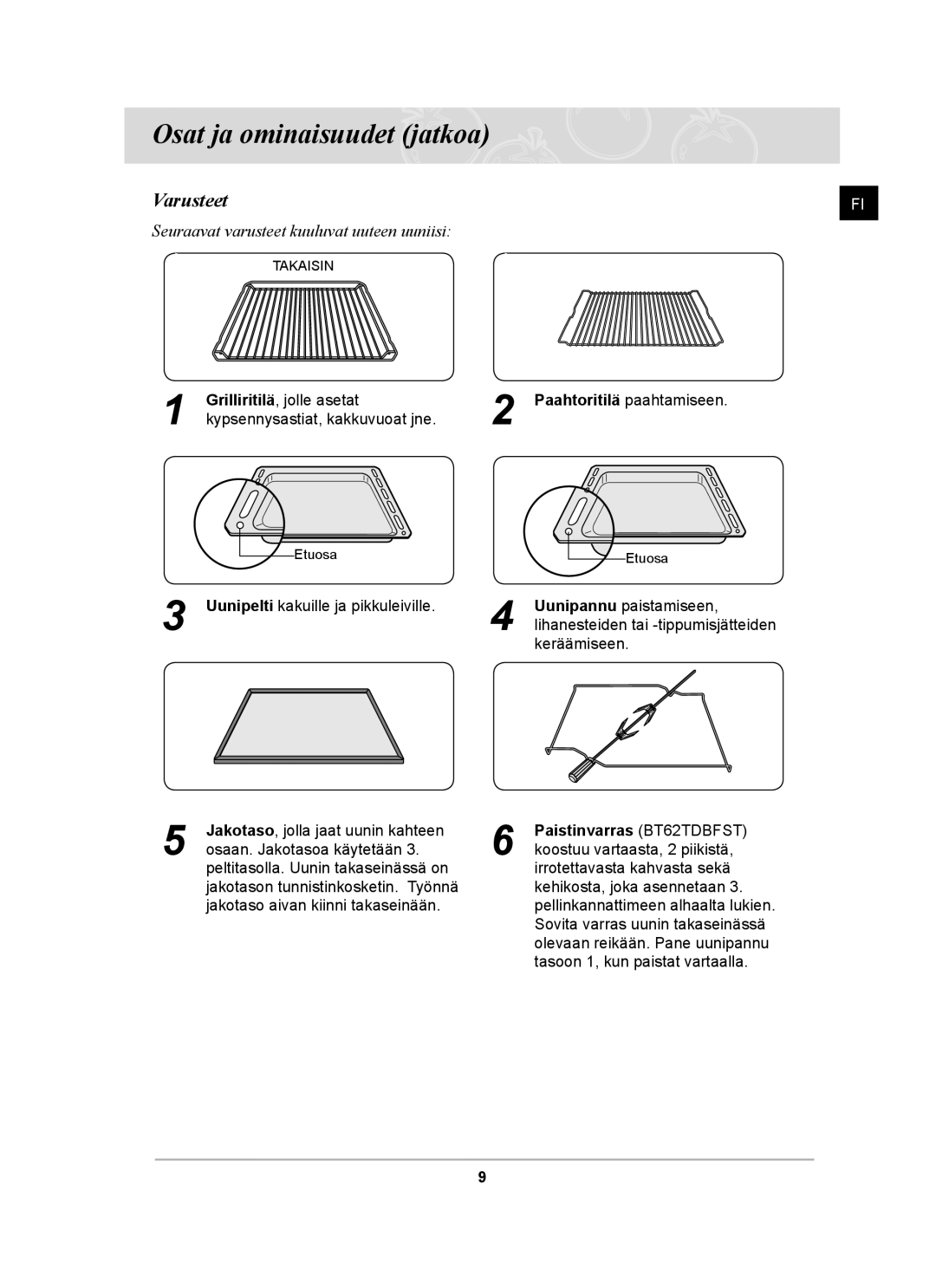 Samsung BT62TDBST/XEE manual Varusteet, Paahtoritilä paahtamiseen, Osaan. Jakotasoa käytetään 