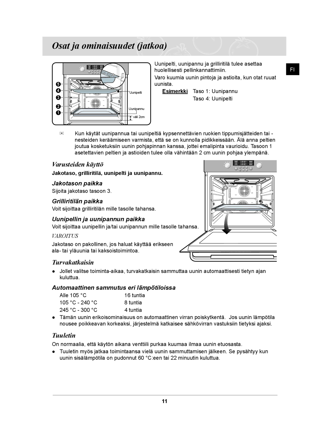 Samsung BT62TDBST/XEE manual Varusteiden käyttö, Turvakatkaisin, Tuuletin 